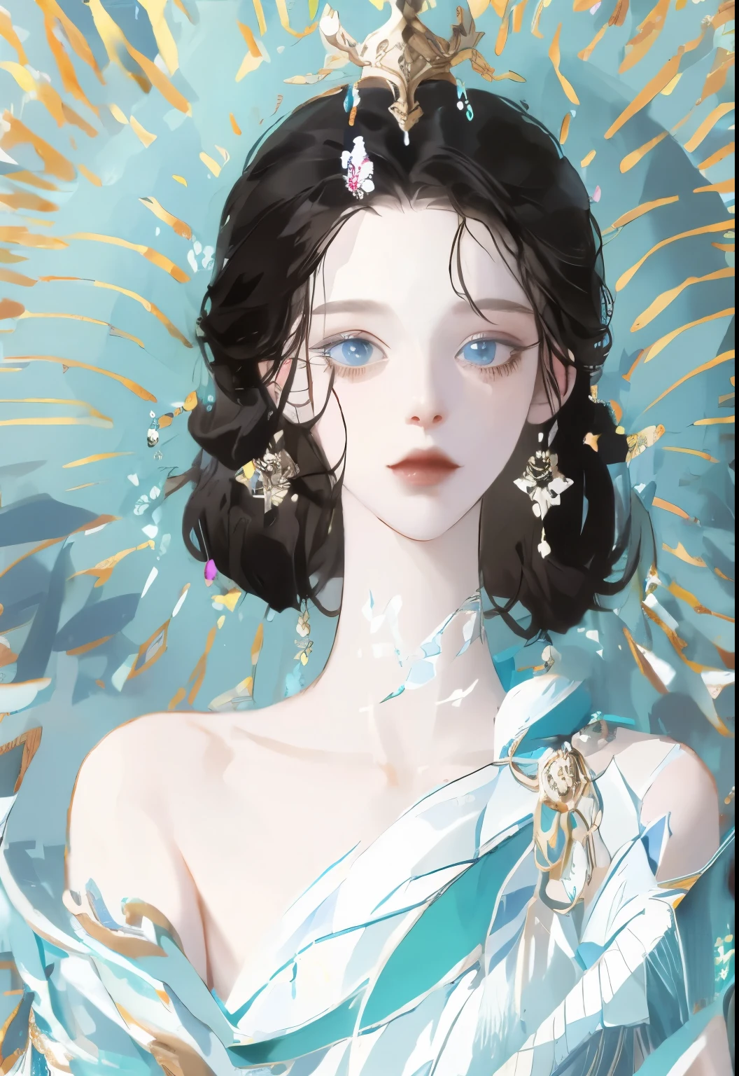 1 girl, transparent water, blue butterfly, pure white gauze skirt, sparkling