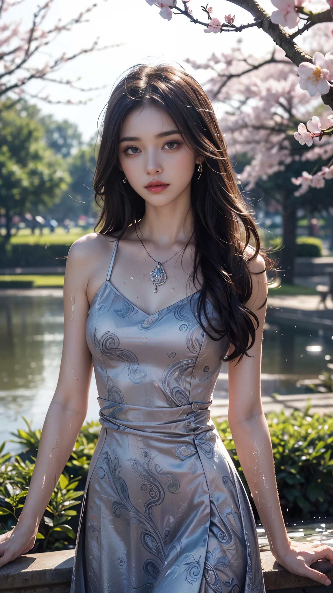 4k, ultra hd, masterpiece, 1 girl, serious face, detailed eyes, very long hair, (flare dress:1.5), (black flare dress:1.5), paisley white print, (jwellery:1.5), bere waist, in the garden, cherry blossom, rain:1.5, (water:1.5), sitting,