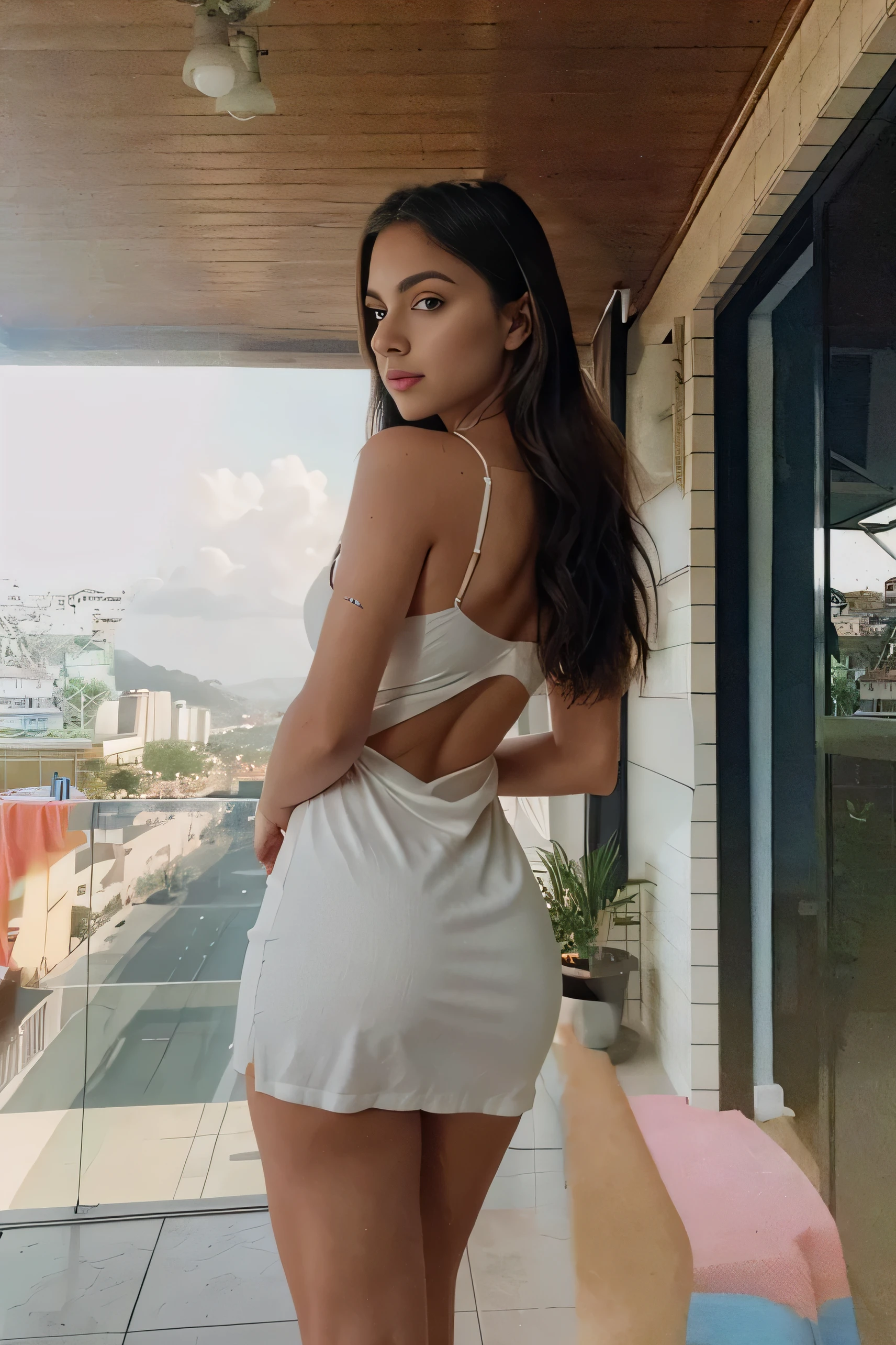8k, Melhor qualidade, mesa, realista, O ultra-detalhado, mulher latina, cintura fina, bunda grande, 
 fotografia realista, Um hiper-realista, softer lighting, increase the quality of cinematic lighting, photorealistic lighting, 
Back lighting, luz brilhante, Aumentar a qualidade, Peles com 
textura real de alta qualidade, fechar-se, delgado, rosto fofo, olhos 
lindos e detalhados, Jovem brasil italia,cabelo comprido, solto, vestido slip dress preto
 Kailee Mandel,em hotel de luxo, rooftop no rio de janeiro, 18 anos, Violeta Myers, 
 de 19 anos, Kaitlyn Michelle Siragusa,