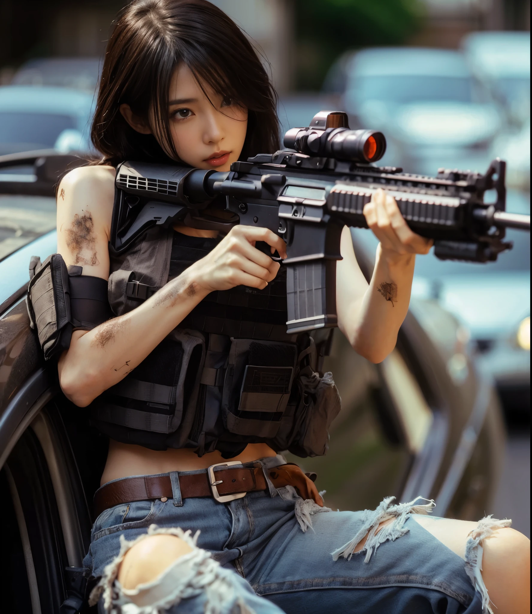  ８K,realistic photo、realistic skin texture、A beautiful Japanese woman living in America opens her car door and hides to protect herself from bullets.、dirty shirt and jeans、sneakers、bulletproof vest、automatic rifle、short cut hair、urban warfare、involved in an incident、Counterattack begins、It is dirty、moving action pose、、Dramatic and bold composition、Half body、muscle、Zoom out、fiction、