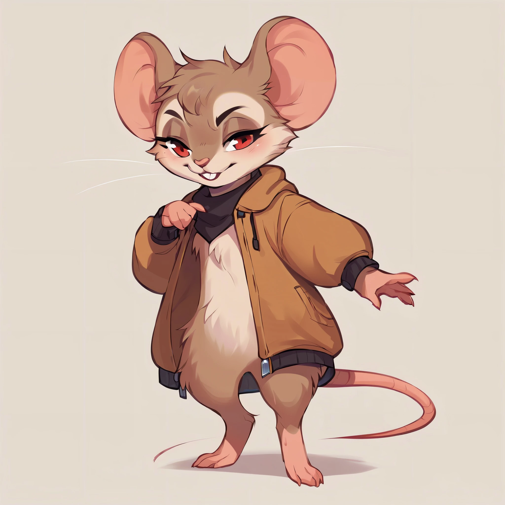 score_9, score_8_up, score_7_up, score_6_up, score_5_up, score_4_up, show accurate, full body, hungry body, simple background, (solo), (semi anthro), mouse, female mouse, standing, (light brown dull fur), red eyes, 