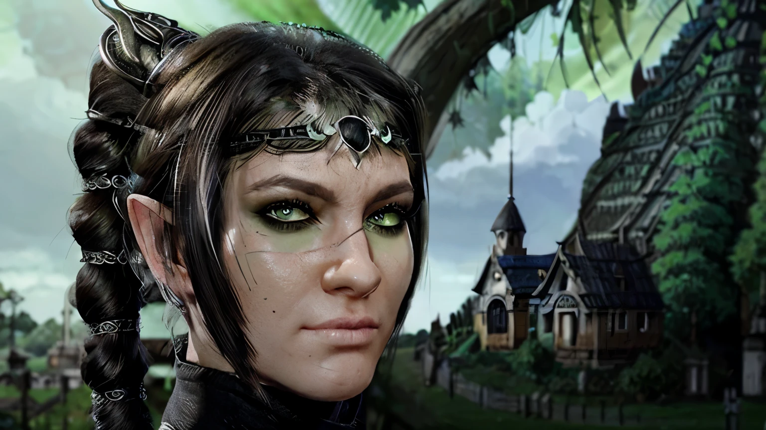 (masterpiece, best quality), 1girl, shadowheart, black hair, braided ponytail, green eyes, circlet, black pants, closeup, sketch, looking at viewer, ((green eyes)),(fantasy village on background),