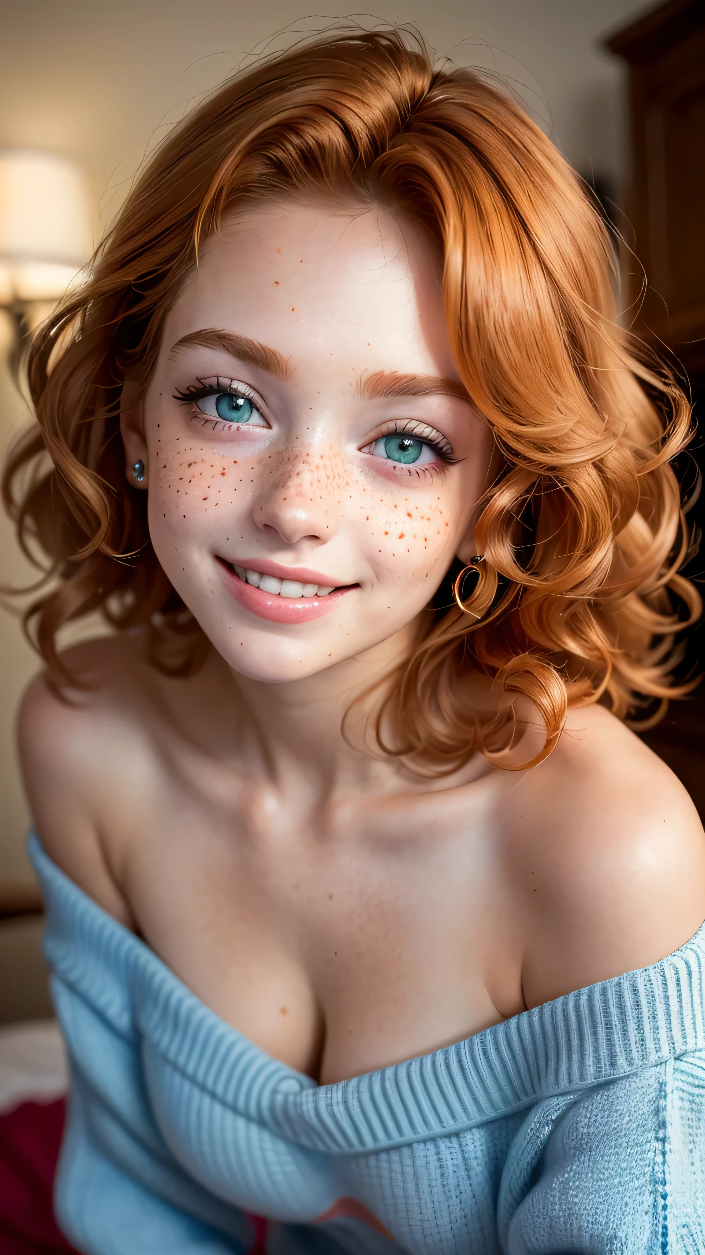 (masterpiece:0.8, best quality:1.5), (((portrait, closeup)), joyful, smiling) short curly Ginger barbie girl, cleargreen eyes, leaning forward, loose blue knit sweatshirt off shoulder, bedroom, bed, bokeh, freckles:0.4, dimple:1.2, (((tanned skin))), medium breasts