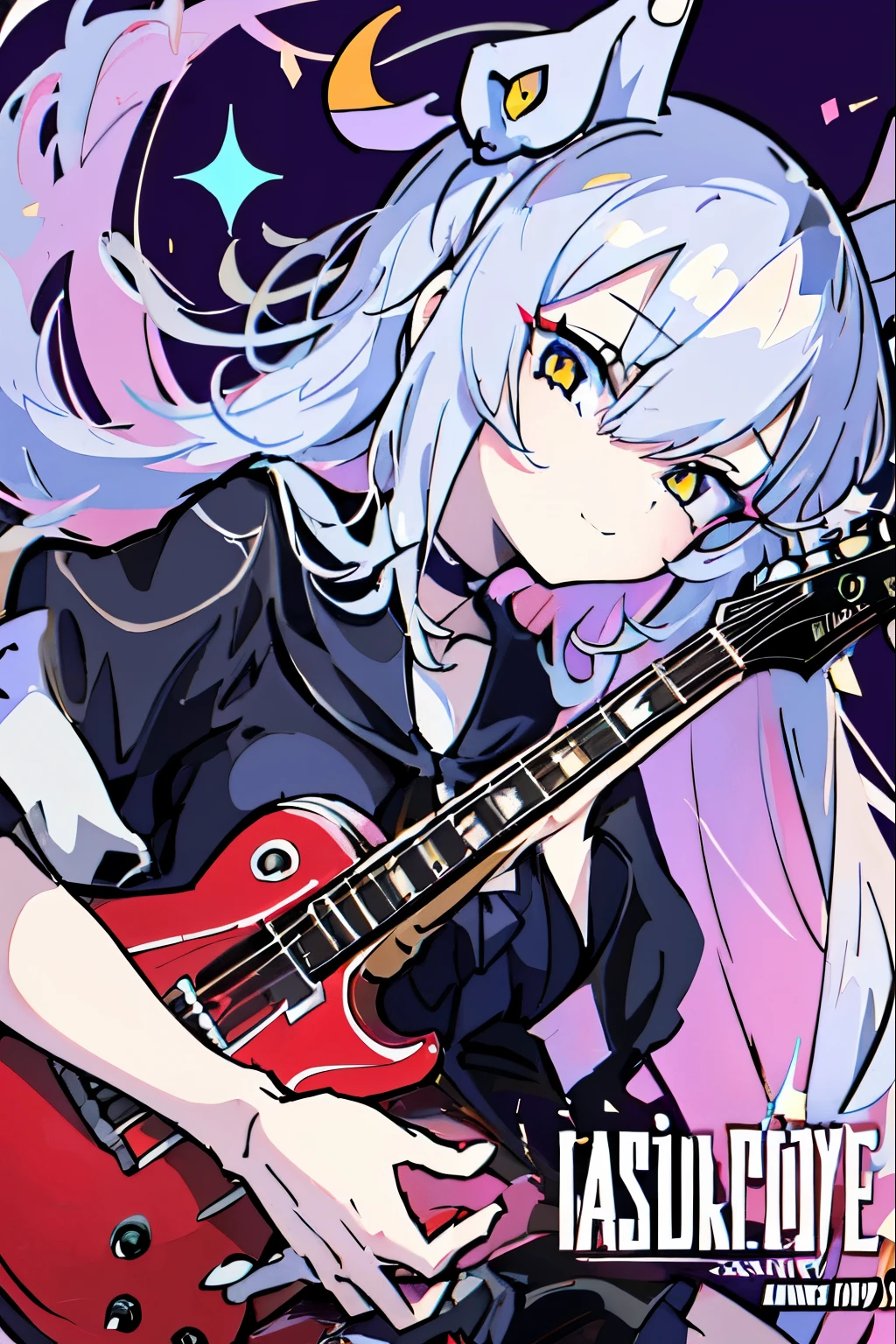 ((masutepiece)), ((Best Quality)), (Ultra-detailed), Anime style, Live performance venue, Cute s, 1girl in, Solo, Playing the guitar 00, ((Beautiful eyes))0, Smile,(((yellow eyes))),