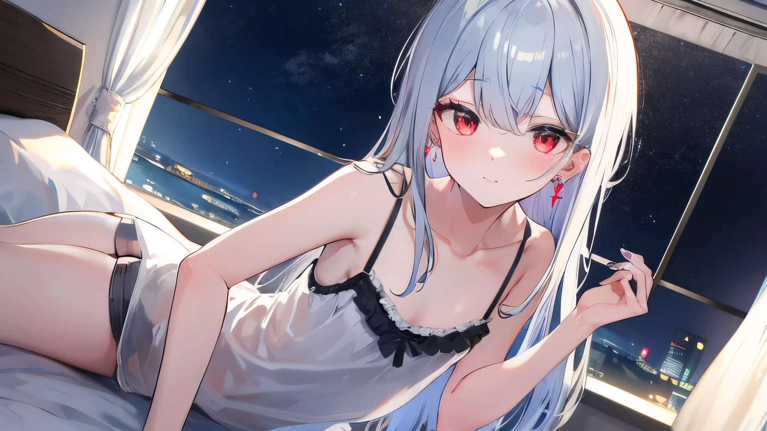 masterpiece, highest quality, High resolution, one girl, Virtual YouTuber, mined water, long hair, Monochromatic hair, night camisole, semi-long, red eyes, silver hair, earrings, short sleeve, bangs, blue nails, 黒色のnight camisole, nail polish, small breasts, Side decubitus position,Bed