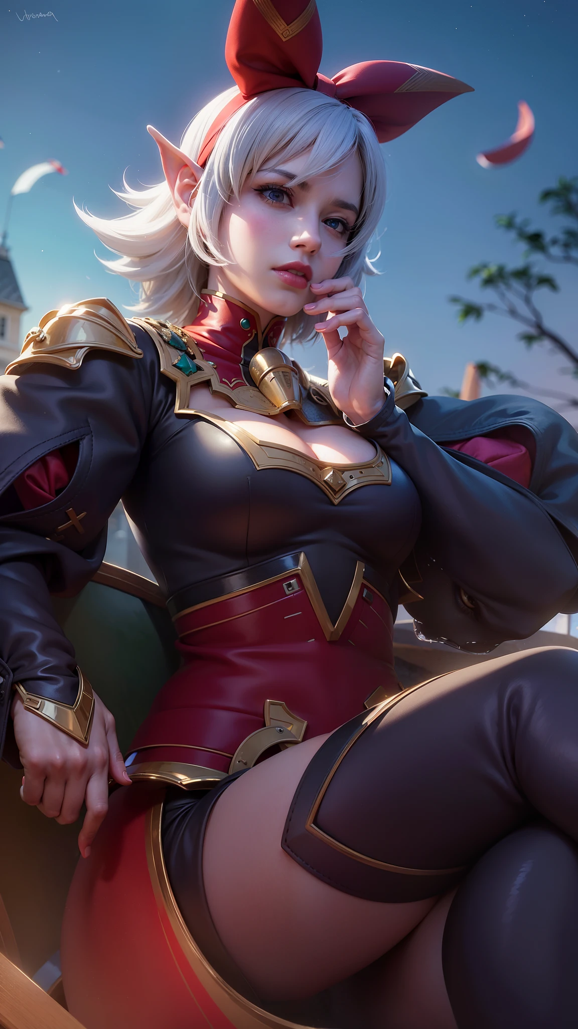 (female:1.2), 8k, ultra hd, ultra detailed texture, hyper realistic, masterpiece, detailed texture, detailed face, detailed skin, detailed lighting, (photorealistic:1.5), best quality, beautiful lighting, cinematic lighting, professional lighting, ultra highres, realistic, detailed hair, real hair, high quality, (realskin:1.5), extremely detailed, finely detail, ultra-detailed, 1girl, solo, floating, (yellow eyes), glowing eyes, red lips, v-shapped eyes, closed mouth, angry, colored skin, dark skin, purple skin, nose, pretty, beautiful, make up, evil smile, short hair, white hair bangs, large breasts, thigh, pauldrons, black pants, belt, purple coat, mechanical wings, armor shoulder, gloves, eudora \(mobile legends\), depth of field, looking aways, skin tight, amazing pose, glowing electric, lighting, cinematic background, elf ear