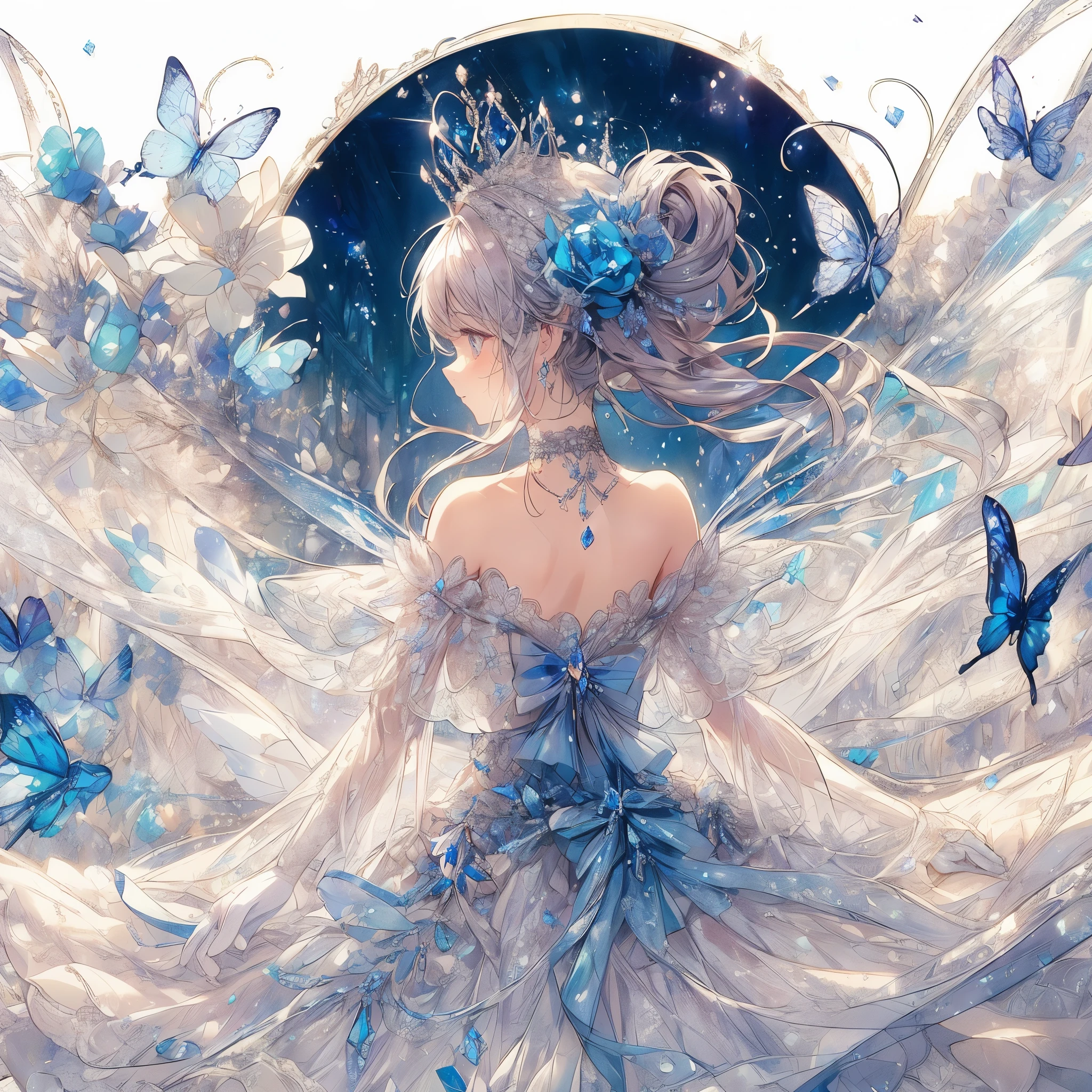 　 (exquisite, beautiful, very detailed, masterpiece, high quality, confused, High resolution, Full HD, 16k),Transparent illustration),(Interior of a baroque castle,indoor),A fairy with sapphire-colored butterfly-like wings.,(((Sapphire motif ball gown dress,Decorated with white lace, sapphire and frills))),(fairy princess),(blur the background a little),(sapphire tiara,sapphire choker,sapphire earrings),((long white gloves with lace decoration)),(small head,wavy hair)),plump plump lips, shiny appearance,Fair skin, slim,soft edge, soft lines, highly saturated colors, bright colors, Sapphire Gemstones,Blue rose,Blue petals,pastel colour