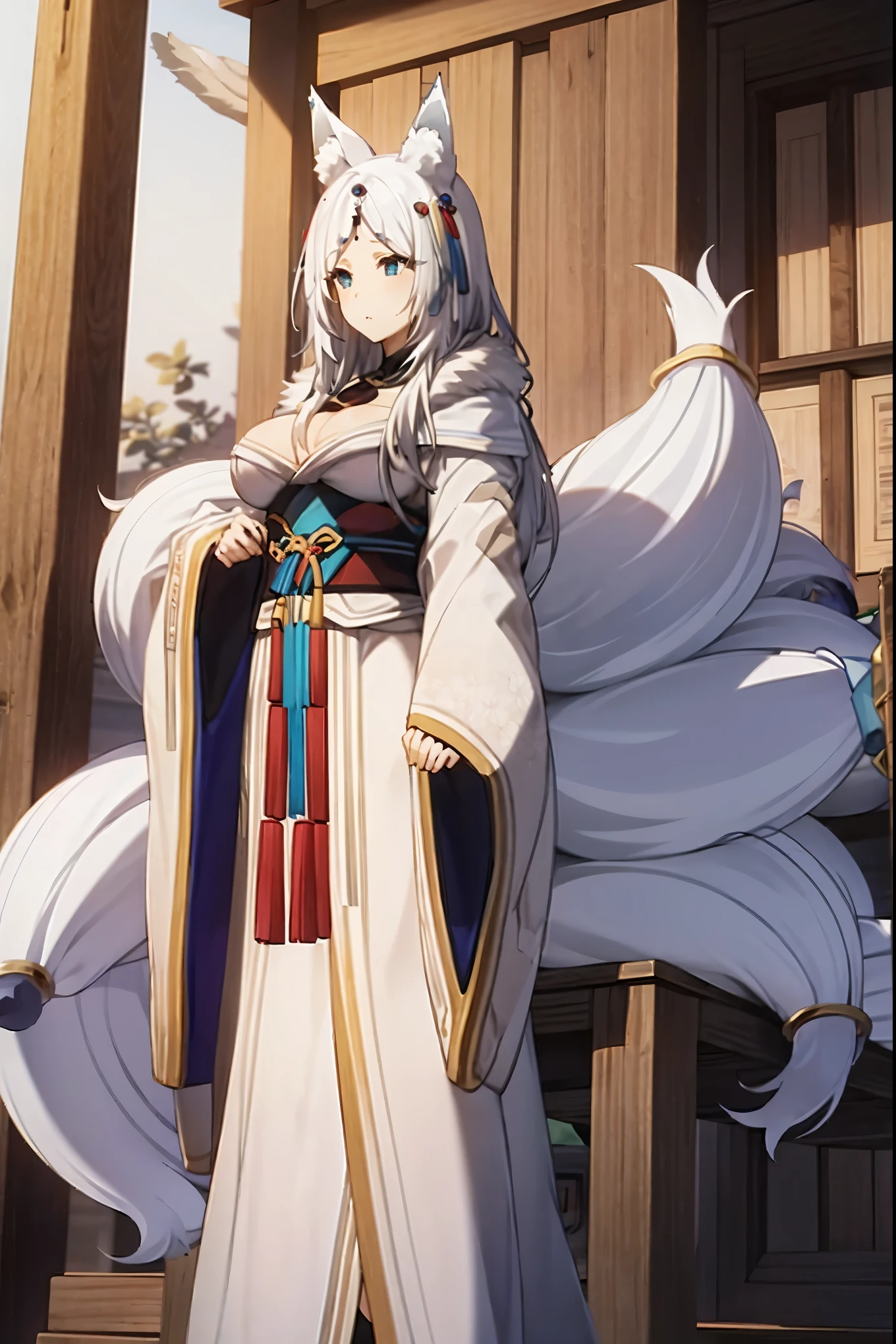 kimono、Oiran、long hair、white hair、fox tail、fox ears、白色のkimono、big breasts、Bewitching、Kyuubi、九つのfox tail、white tail、White ears、light blue eyes、Oiran、long hair、Angle from the front、big tail