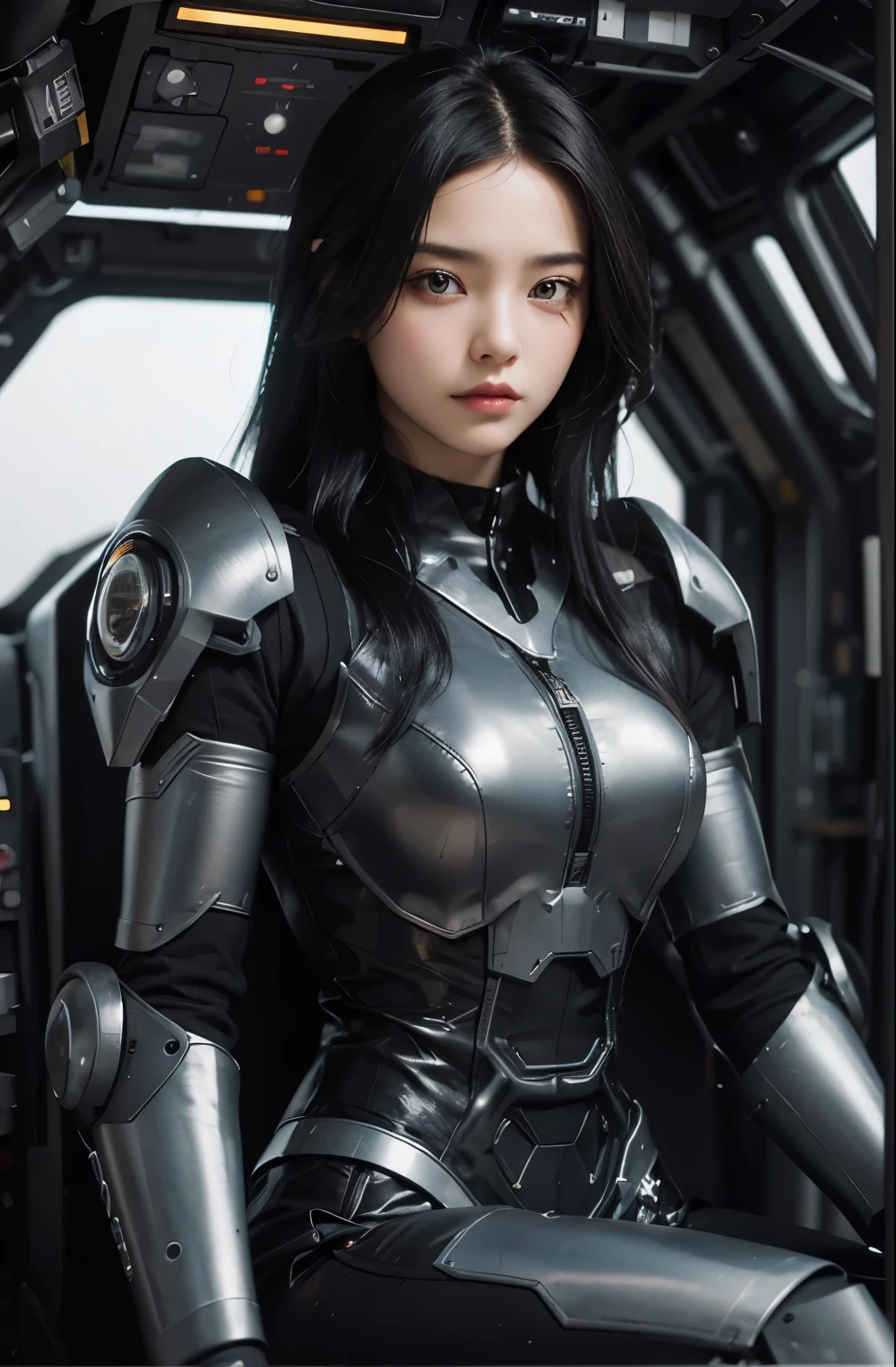 A beautiful woman. Black hair. eighteen. She is looking at the camera with a defiant expression. She wears a black, metallic battle uniform that makes the lines of her body stand out. She is sitting in the robot's cockpit.