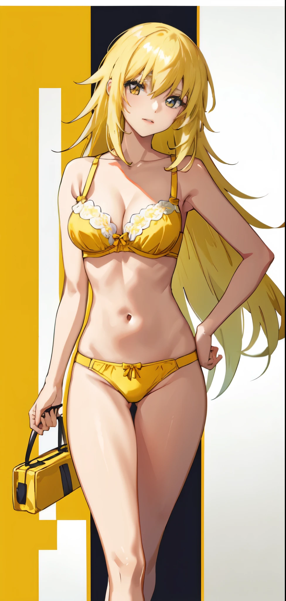 anime girl in a yellow bra with a purple bow and yellow panty、Short blonde girl、girl with yellow eyes、seductive anime girl、clothing:yellow bra、yellow panties、anime moe art style、big breasts、girl with very big breasts、(anime girl)、attractive anime girl、naughty anime style、Beautiful charming anime 、Smooth anime CG art、indoor、cleavage、bra with an yellow、panty with an yellow、whole body、a girl is standing、digital anime art!!、female focus、perfect body、pretty anime girl、full body、anime best girl、solo、underwear only、Bra and panties only、8k!!、High resolution!!、