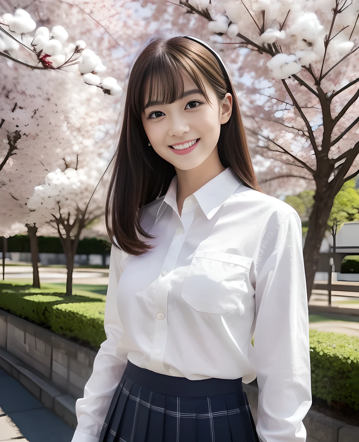 (Masterpiece, BestQuality, Photorealistic, 8K, High Resolution,:1,3),1 japanese woman, 20 years old,extra detail Black eyes, Very Detailed Face, Brown hair, blush, grin, (Japan high school uniform:1.3), (Plain white blouse:1.3),(Plain cotton white shirt :1.5), (checked pleated skirt), (thighs), (look at viewer:1.3),the  woman standing next to GTR BREAK A Nissan GTR, parked night-core style in the city surrounded by cherry trees. 