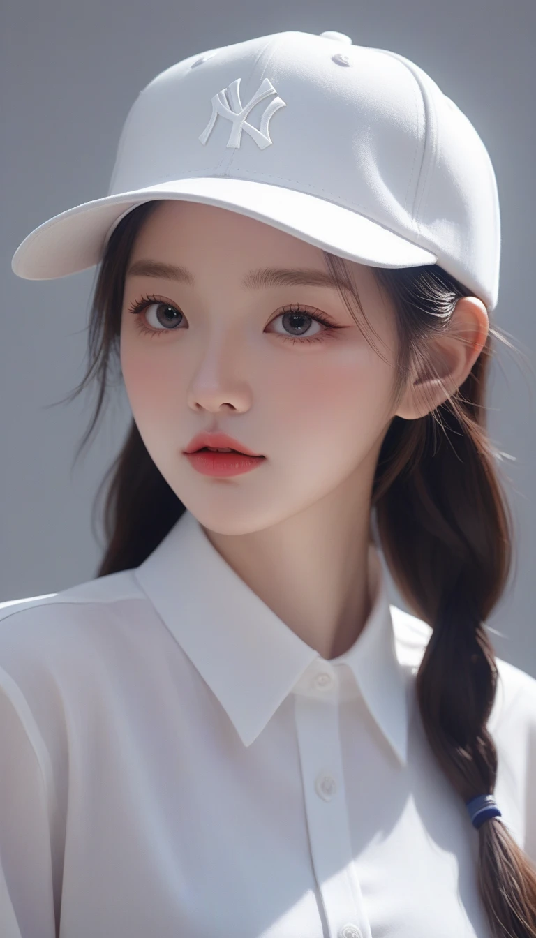 un gros plan d&#39;une femme portant une casquette de baseball et une chemise blanche, oeuvre d&#39;art dans le style de guweiz, guweiz, Realistic anime 3 d style, kawaii Realistic portrait, Realistic cute girl painting, tendance sur cgstation, Realistic artstyle, 🤤 portrait de fille, inspired by Yanjun Cheng, Realistic. cheng yi, photoRealistic!!!!!!! Style artistique
