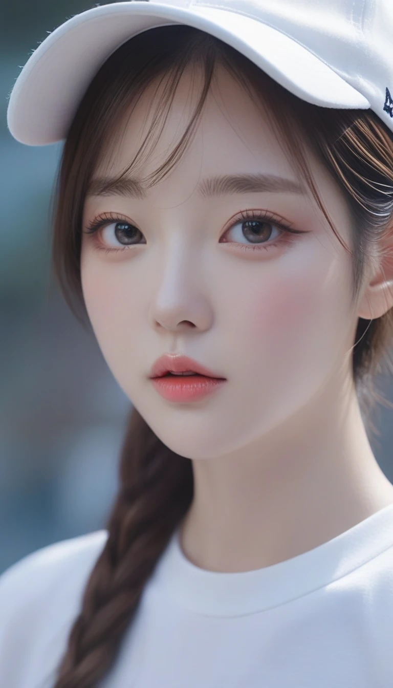 un gros plan d&#39;une femme portant une casquette de baseball et une chemise blanche, oeuvre d&#39;art dans le style de guweiz, guweiz, Realistic anime 3 d style, kawaii Realistic portrait, Realistic cute girl painting, tendance sur cgstation, Realistic artstyle, 🤤 portrait de fille, inspired by Yanjun Cheng, Realistic. cheng yi, photoRealistic!!!!!!! Style artistique