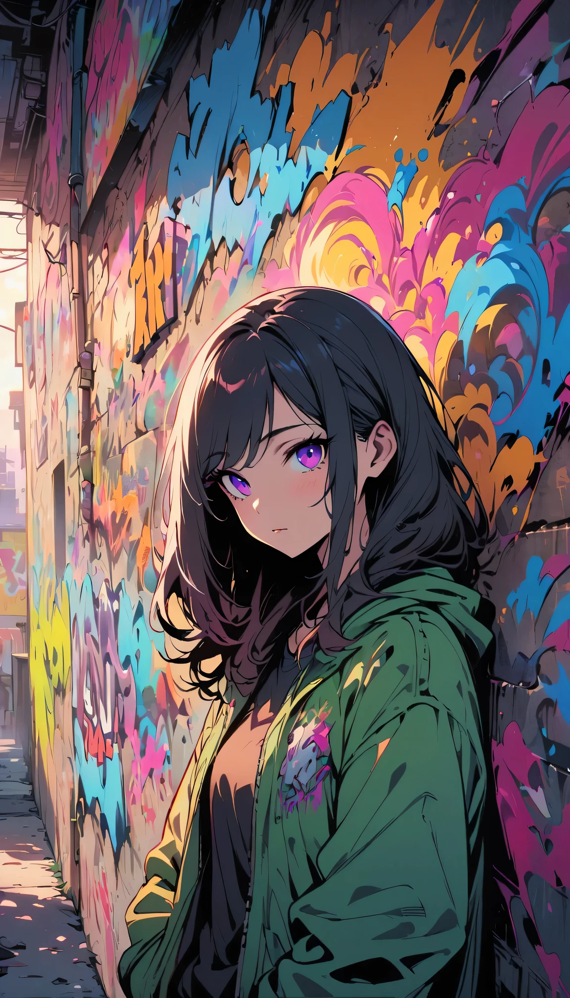 (best quality), masterpiece, Extremely detailed CG8K illustrations, high color, extremely high color saturation, All colors deepen, draw, Graffiti Art, central composition, Extremely detailed light and shadow, graffiti wall, wall drawed bright, Graffiti, 1 girl looking at the wall, The face and eyes are very detailed, medium length hair, sportswear, colorful clouds