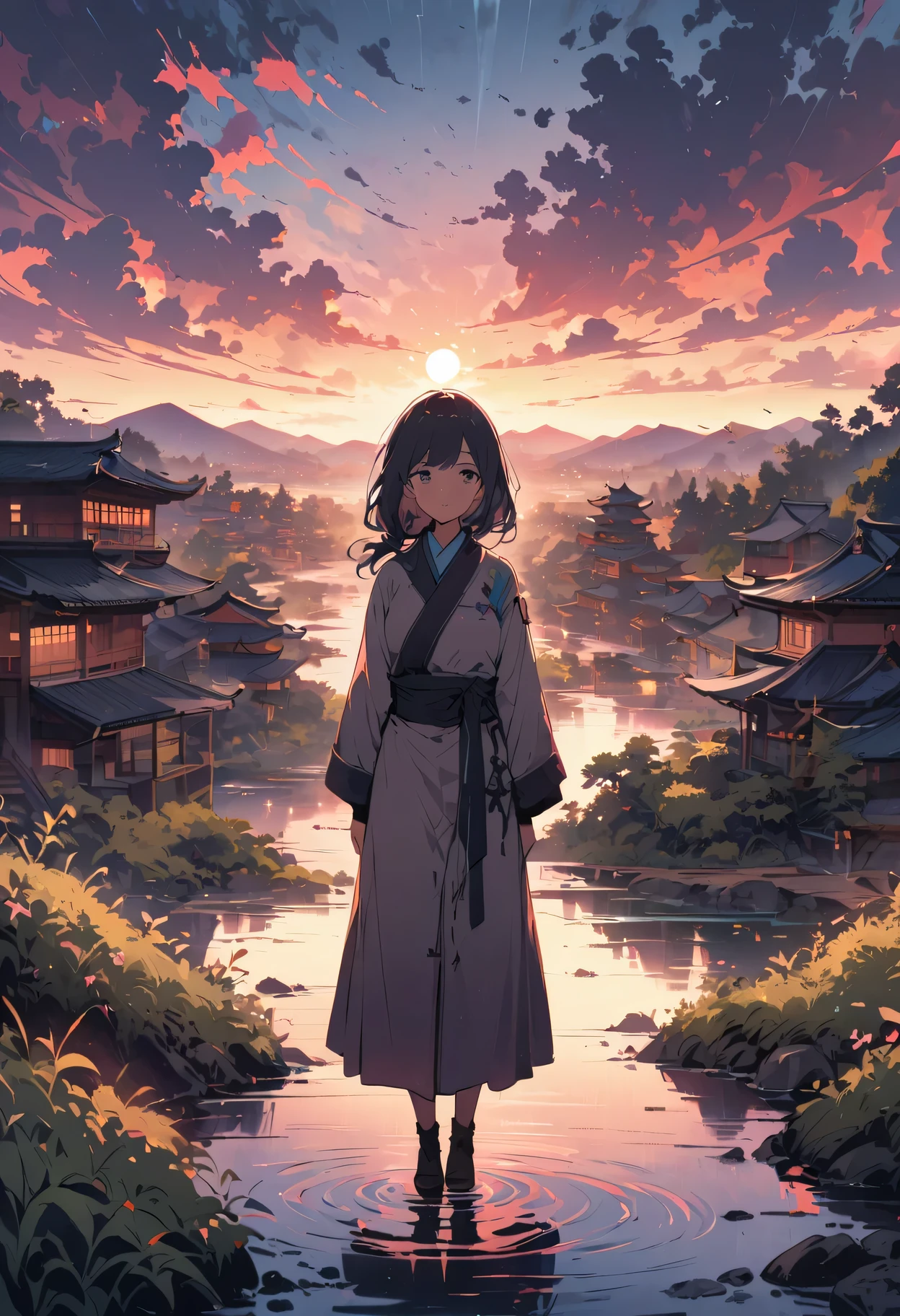 1 girl, focus only, View, very wide lens, landscape, east asian architecture, Sunlight, sunrise, floating, cloud, Sky, rain, water, whole body, outdoor, landscape, depth of field