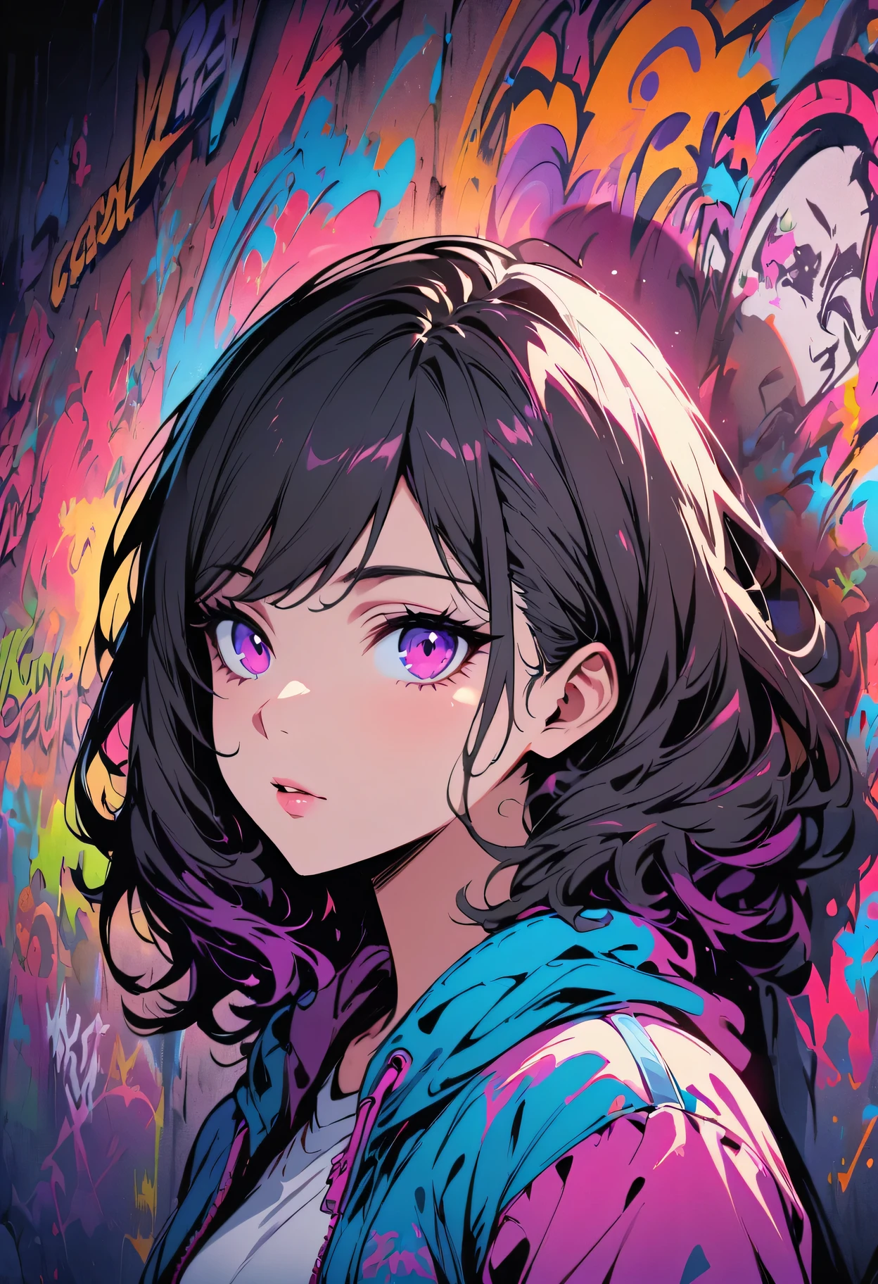 (best quality), masterpiece, Extremely detailed CG8K illustrations, high color, extremely high color saturation, All colors deepen, draw, Graffiti Art, central composition, Extremely detailed light and shadow, graffiti wall, wall drawed bright, Graffiti, 1 girl looking at the wall, The face and eyes are very detailed, medium length hair, sportswear, colorful clouds