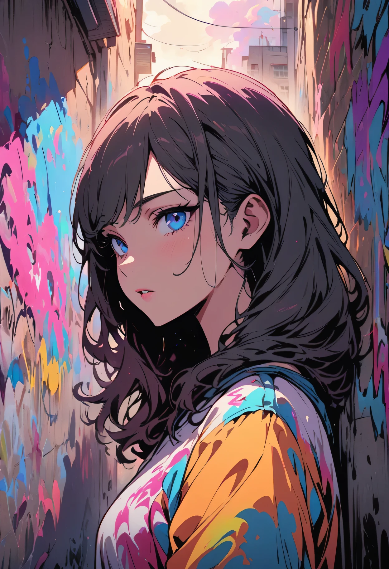 (best quality), masterpiece, Extremely detailed CG8K illustrations, high color, extremely high color saturation, All colors deepen, draw, Graffiti Art, central composition, Extremely detailed light and shadow, graffiti wall, wall drawed bright, Graffiti, 1 girl looking at the wall, The face and eyes are very detailed, medium length hair, sportswear, colorful clouds