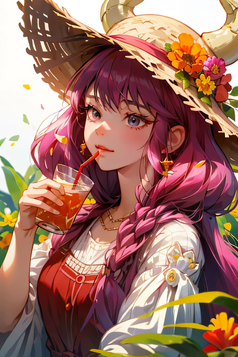 absurd, high resolution, super detailed, one devil girl (pink braided hair, two horns, cute jet black eyes, triumphant expression) , solo, highly detailed eyes, starfish, shell, shell, flower, hat, hair ornament, jewelry, straw hat, gazing, sunglasses, hat flower, drinking straw, hair clip, earrings, red flower, colored glasses, yellow flower, orange flower, orange colored glasses, food,... 