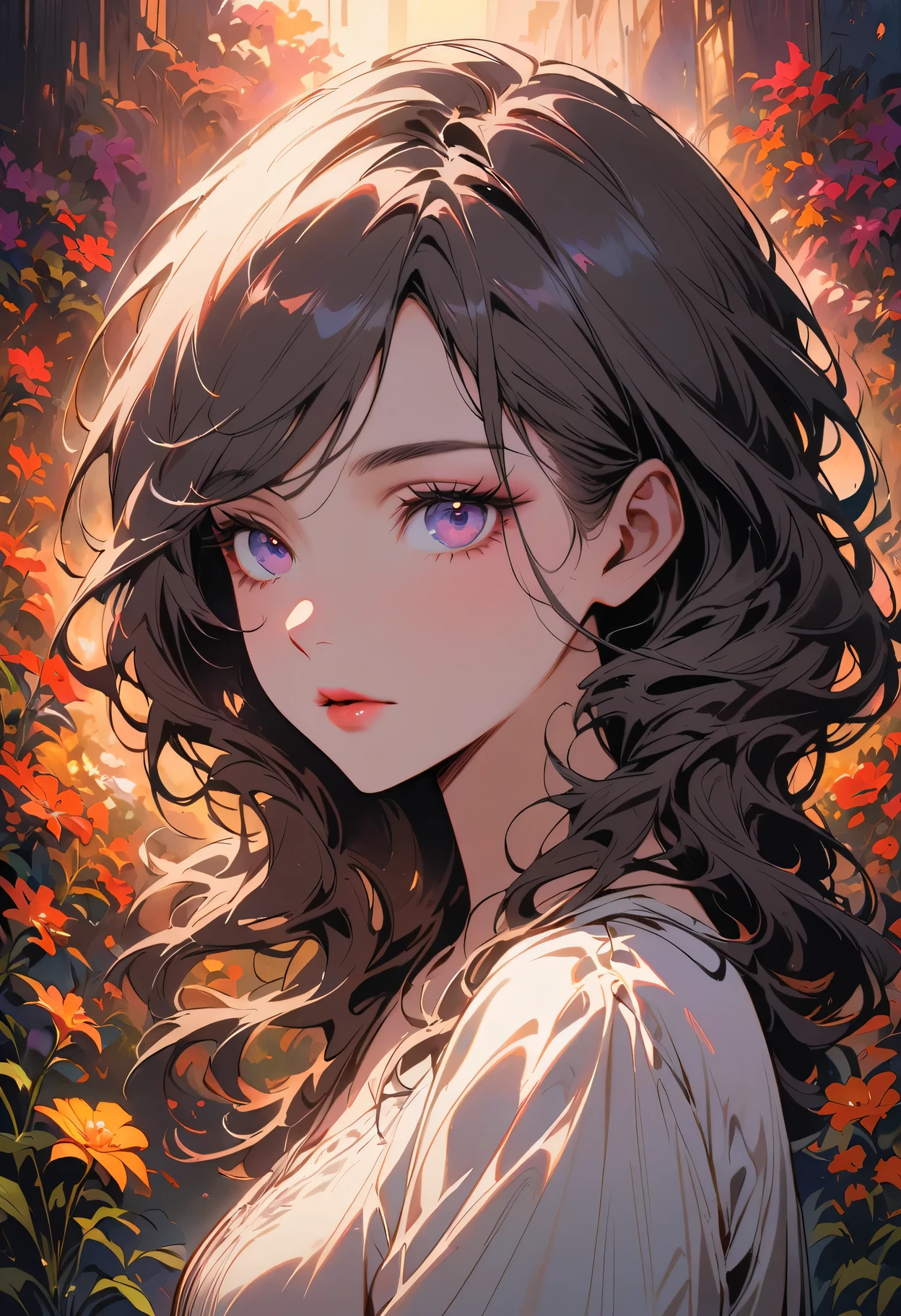 white shirt,detailed features,expressive eyes,detailed lips,silky hair,beautiful complexion,soft lighting,portrait style,subtle makeup,calm expression,graceful posture,fresh flowers in the background,gentle wind blowing,serene atmosphere,warm color tones,artistic background,professional photography techniques,vivid colors,fine brushwork.