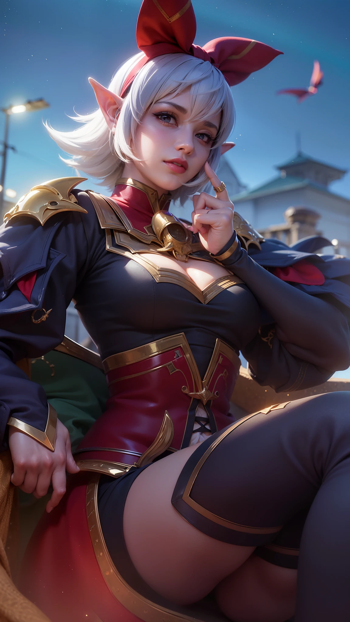 (female:1.2), 8k, ultra hd, ultra detailed texture, hyper realistic, masterpiece, detailed texture, detailed face, detailed skin, detailed lighting, (photorealistic:1.5), best quality, beautiful lighting, cinematic lighting, professional lighting, ultra highres, realistic, detailed hair, real hair, high quality, (realskin:1.5), extremely detailed, finely detail, ultra-detailed, 1girl, solo, floating, (yellow eyes), glowing eyes, red lips, v-shapped eyes, closed mouth, angry, colored skin, dark skin, purple skin, nose, pretty, beautiful, make up, evil smile, short hair, white hair bangs, large breasts, thigh, pauldrons, black pants, belt, purple coat, mechanical wings, armor shoulder, gloves, eudora \(mobile legends\), depth of field, looking aways, skin tight, amazing pose, glowing electric, lighting, cinematic background, elf ear