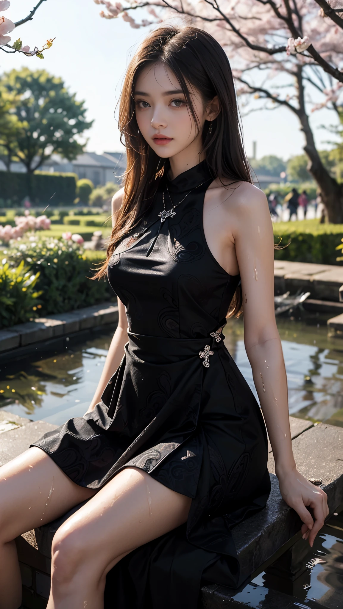 4k, ultra hd, masterpiece, 1 girl, serious face, detailed eyes, very long hair, (flare dress:1.5), (black flare dress:1.5), paisley print, (jwellery:1.5), bere waist, in the garden, cherry blossom, rain:1.5, (water:1.5), sitting,