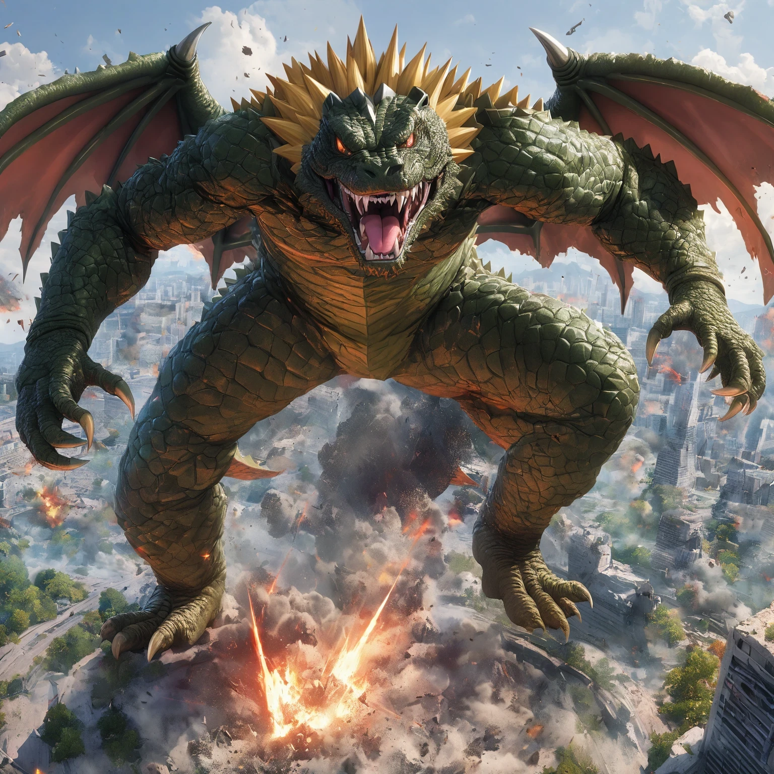 diy1,Godzilla and Kong in power clash, Godzilla's giant wings and sharp claws, Kong waving a huge rock, magnificent battle near skyline, Godzilla's destructive power, Kong's unwavering toughness, city ruins as battlefield, Godzilla's volcanic fume attack, Kong's deft use of tools, clash of their powers, Godzilla's atomic breath, Kong's brave close combat, Godzilla diving from high above, Kong's steadfast gaze, city trembling under their battle, Godzilla's intimidating presence, Kong's fighting strategy, contrasting momentum, Godzilla's roar, Kong's aggressive stance, greatest clash between heaven and earth
