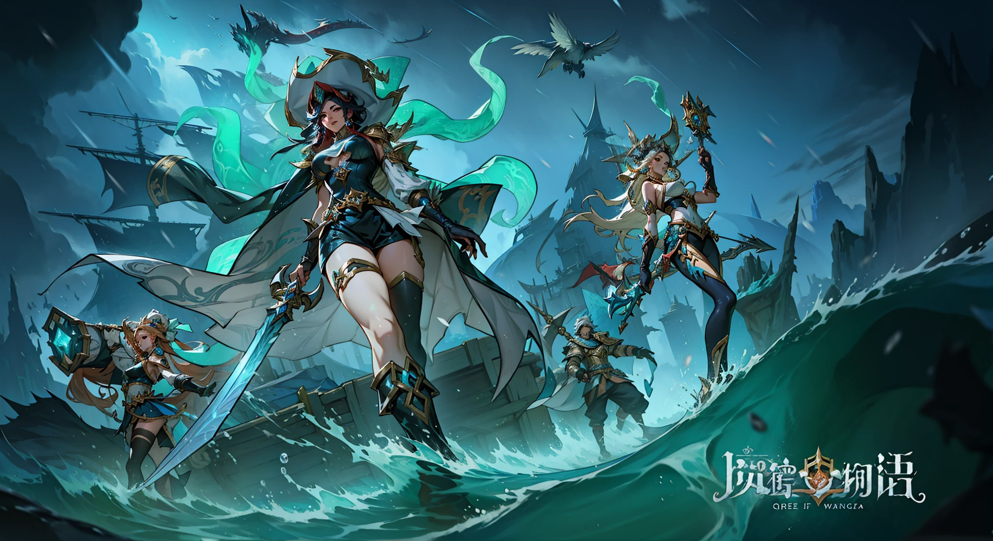 A group of anime characters holding swords, Queen of the Sea Mu Yanling, One Piece, character splash art, League of Legends style, League of Legends art style, wild rift, Legends of Runeterra, mobile legends, g liulian art style, Official splash art,In the sea,huge waves,Behind the boat,Heavy rain day,On the sea,clear structure,Exquisite facial features,captain,Caribbean