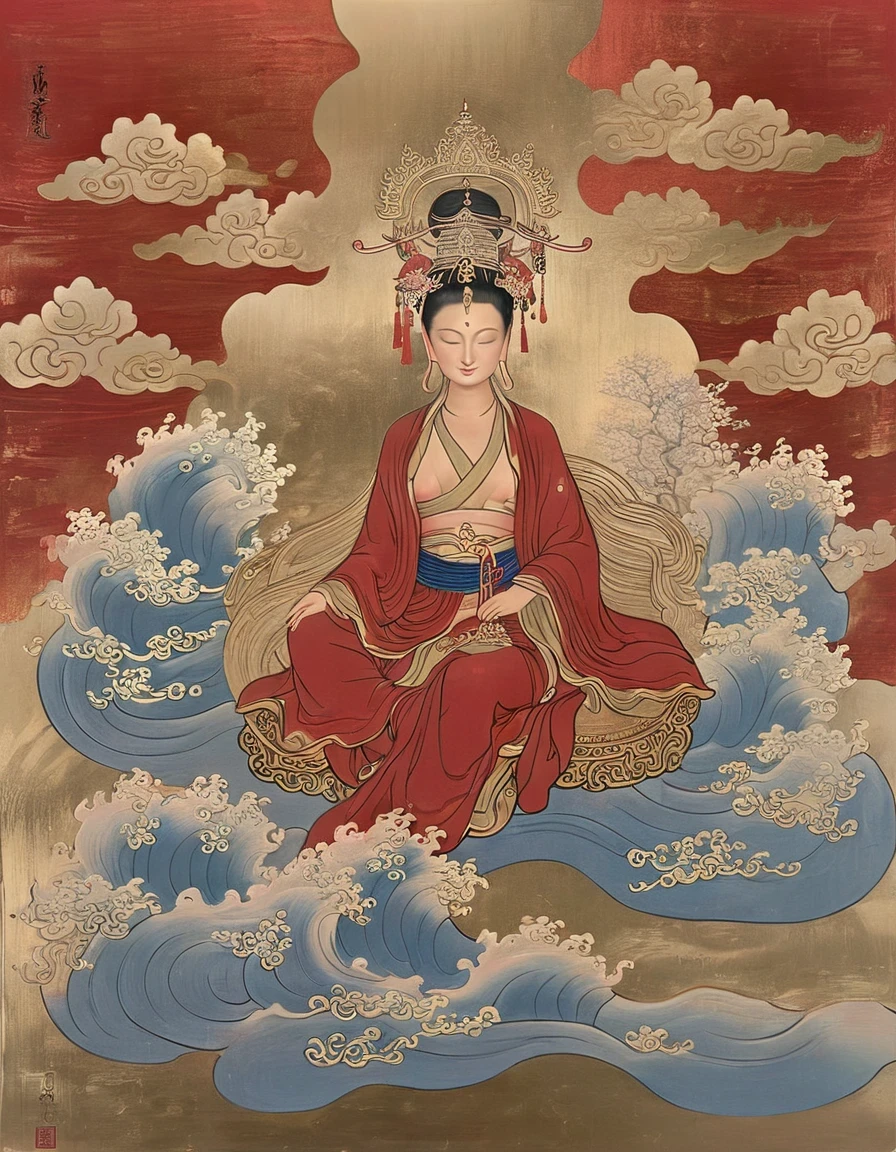 An ancient Chinese goddess, Guanyin of the Southern Seas, radiates serenity with her inspiring countenance, reminiscent of India's Avalokiteshvara Bodhisattva. Surrounded by the ethereal beauty of lotus flowers, she embodies the Buddhist essence with her naked form subtly hinted in a nsfw manner. This captivating image is rendered in the intricate shui mo hua Chinese painting style, showcasing intricate details and delicate brushwork. With vivid colors and stunning resolution in 8k, every element shines like a Thangka, revealing Guanyin's divine and compassionate form. Nsfw, naked, pubic