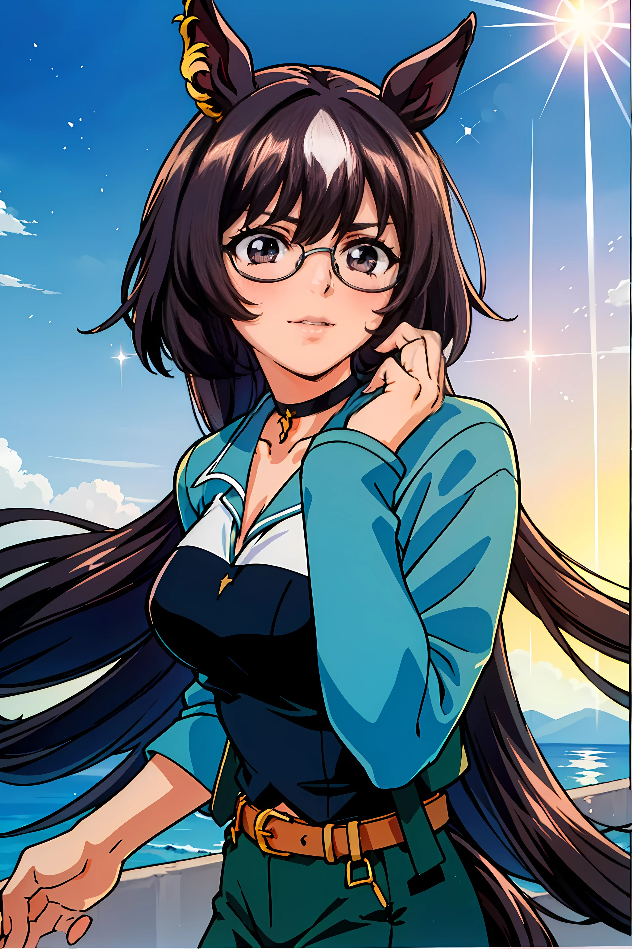(highest quality:1.3),(ultra-be familiar with:1.5),High resolution,extremely be familiar with CG,unity 8k wallpaper,official art,be familiar with,super be familiar with skin,perfect anatomy,beautiful be familiar with eyes,(anime screenshot:1.11),very delicate and beautiful,(90s anime,90s anime style,cel shaded anime:1.17),1 girl,alone,anmnr, ((sirius symboli:1.52)),(horse ears, horse tail,green jacket, collared shirt, fingerless gloves, green pants, choker, belt:1.15),I furrowed my brow., (shining eyes),blends well with the eye,blends well with the eye,focus of the eye,(Carefully crafted brilliance, sky blue lens flare:1.7),(expression of joy:1.51),octane rendering,rain弓 paint drop,Woman made of paint,Full Paint,(movie background),splat,splash,dark and blurry background,close,(best writing, very delicate and beautiful),Detailed beautiful shine,(soft light:1.2),(soft money tone lighting),Warm and soft lighting,dramatic light,((cinematic light)),ambient occlusion,ambient light,violently,powerful,Absolutely eye-catching splashes of color,((caustic)),raytraced reflections,light shines,waiting for happiness to begin,