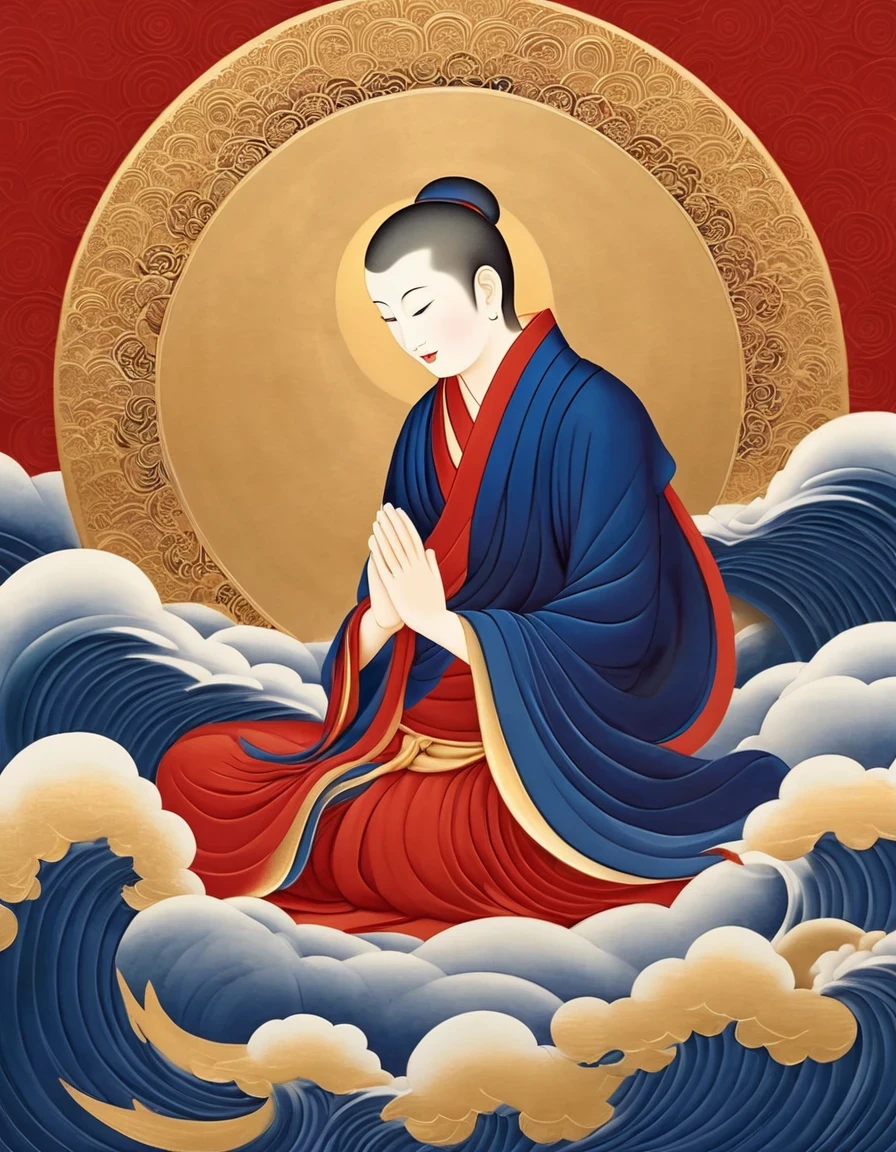 Dunhuang art style illustration,an extremely tiny monk sitting on the giant hand of Guanyin,nestled in continuous rolling ripples,extremely delicate brushstrokes, soft and smooth,China red and indigo,background covered with auspicious cloud patterns painted on gold foil ，niji 
