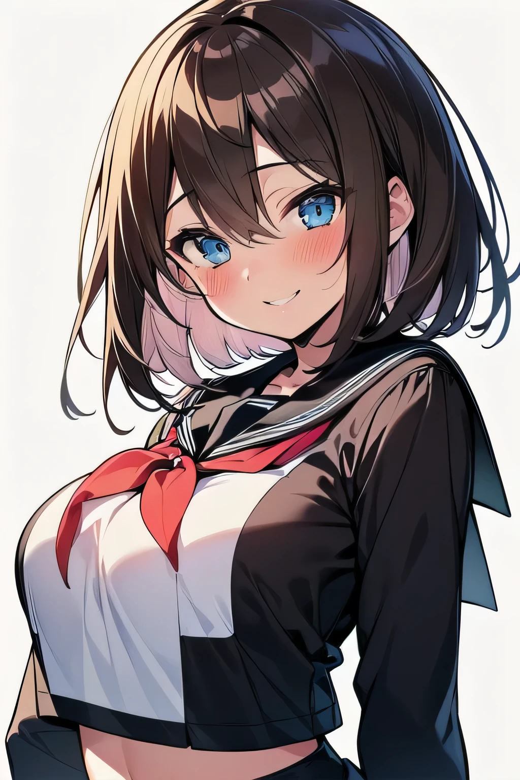 (best quality), (Super detailed), (Best Illustration), ((beautiful girl)), look at viewer, from front, upper body, ((long sleeve, white serafuku)), ((beautiful big breasts)), curvy body, ((smile)), blush, brown hair, (bob cut), messy hair, curvy hair, hairs between eyes, blue eyes, white background