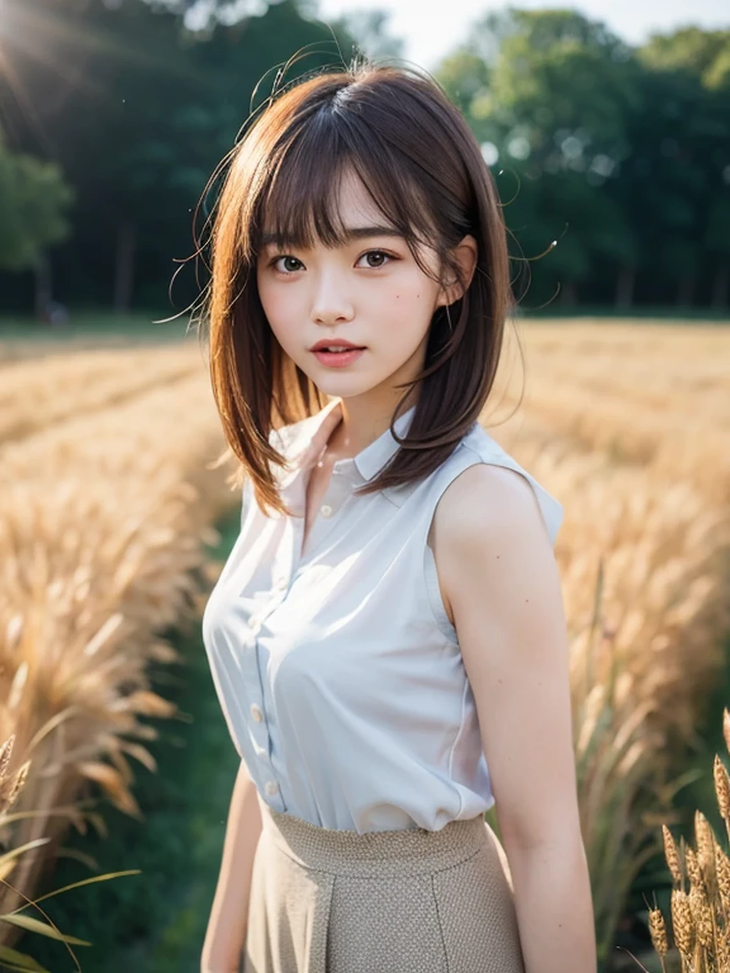 masterpiece, Best Quality, Raw photo, 8K, ultra-detailed face, 1girl, Beautiful detailed skin, backlight, soft light, bashful, (shoot from front:1.2), open your mouth as if you want to say something, Luminescent, Anatomically correct, Medium hair swaying in the wind, bangs, Eyes and faces with detailed, Textured skin, Professional Photography, Bokeh, Portrait, Professional Lighting, Solo, Cute, Girly, Film grain, silk dress shirt, skirt, Wheat Field,