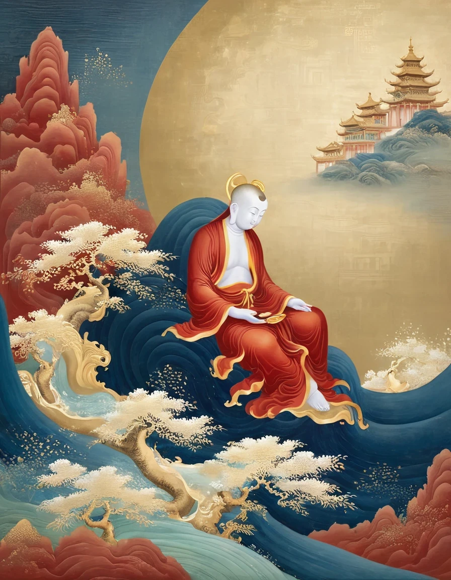 (Very small monk sitting on Guanyin's giant hand), nestled in rolling ripples, Dunhuang art style, illustration,, extremely fine, soft and fluid brush strokes, Chinese red and indigo, with an auspicious cloud pattern drawn on gold leaf in the background. Vintage, shabby, fresco.