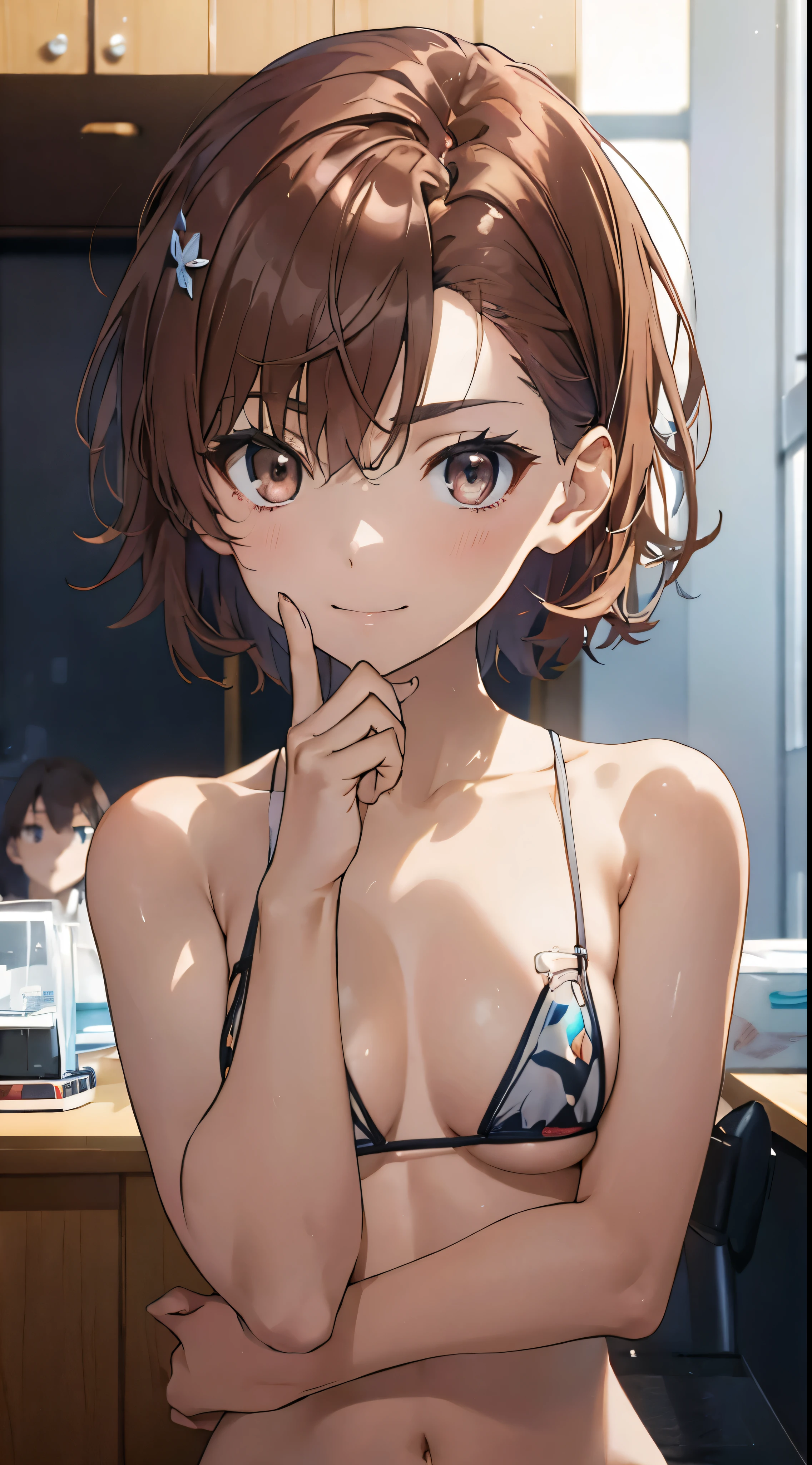 master piece, best quality, superior、Misaka Mikoto、, with brown eyes, short_hair, big_Breast augmentation, looking at the viewer, solo, closed_mouth, School, classroom、micro bikini、,highest quality, High resolution, unity 8k wallpaper, (detailed and beautiful eyes:1.6), highly detailed face, perfect lighting, Highly detailed CG, (perfect hands, perfect anatomy)、smile、NSFW.penis、1 male