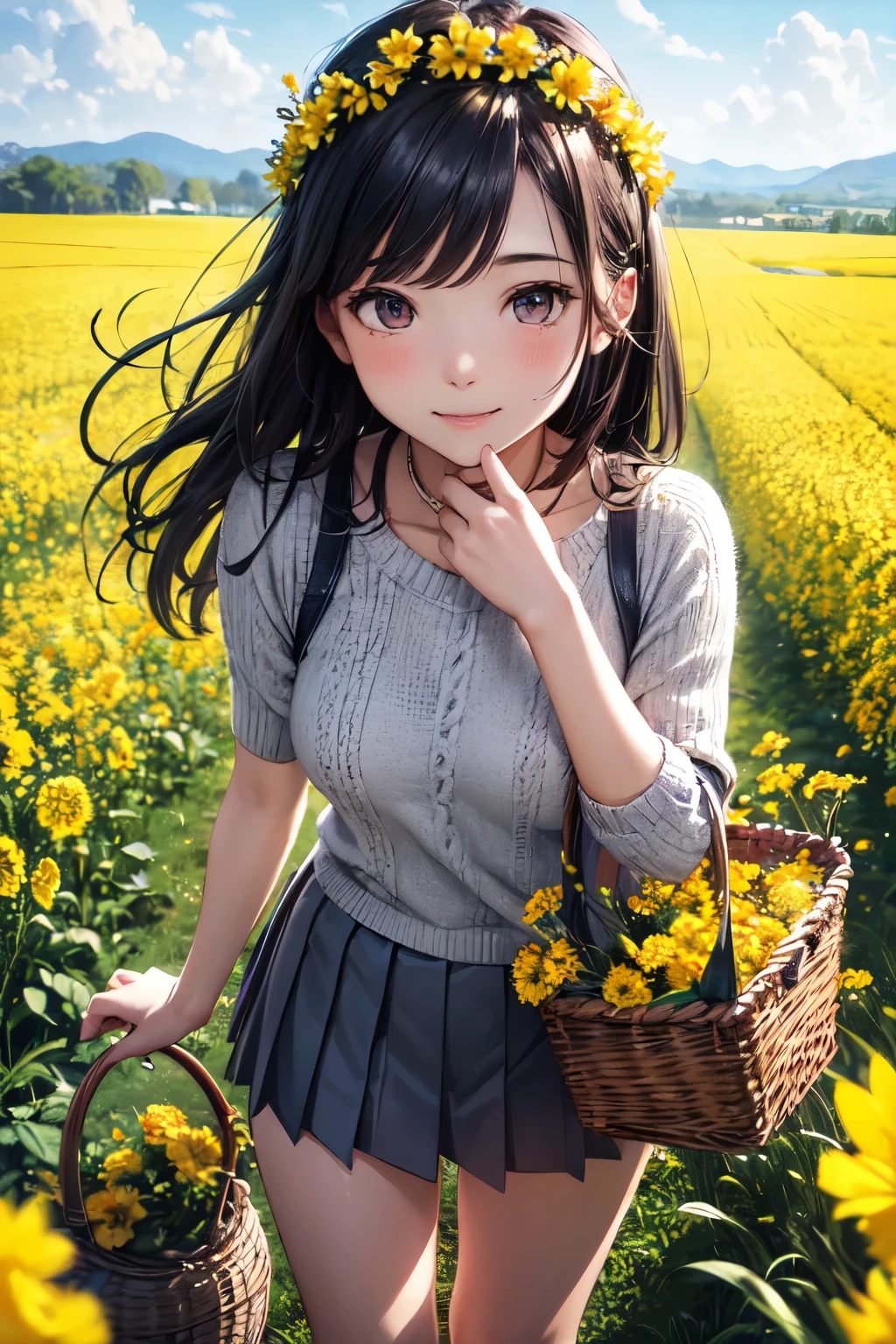 very cute and beautiful girl with flower crown,teen,gray knit,pleated black mini skirt,
(highly detailed beautiful face),standing in middle of canola flower field,(holding a basket of freshly picked flowers),
countryside,beautiful sky,cowboy shot,(smile),black hair,detailed legs,
(best quality,masterpiece:1.0),absurdres,highres,ultra-detailed,extremely detailed,32k,8k resolution,
intricate details,cinematic scene,detailed background,solo,dynamic angle,hair fluttering in the wind,