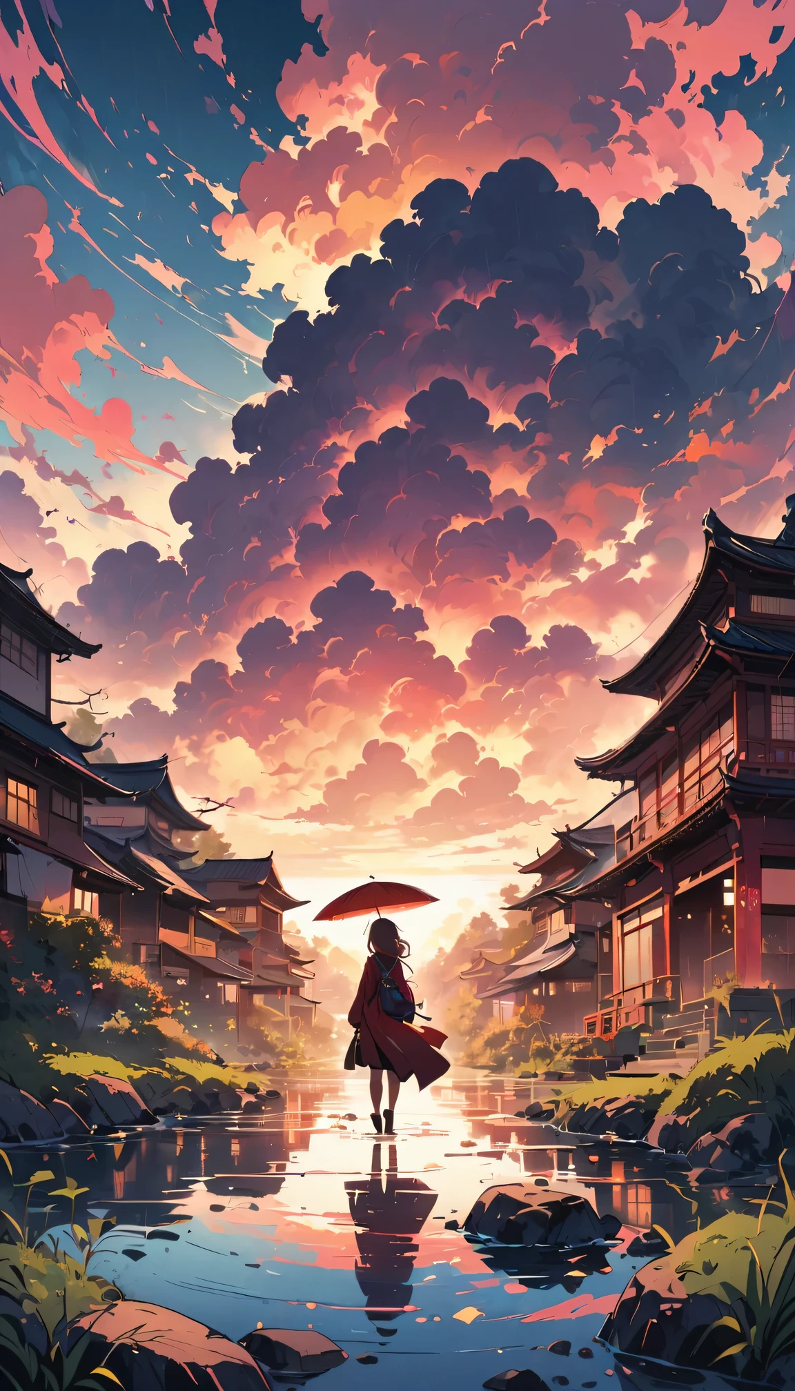 1 girl, focus only, View, very wide lens, landscape, east asian architecture, Sunlight, sunrise, floating, cloud, Sky, rain, water, whole body, outdoor, landscape, depth of field