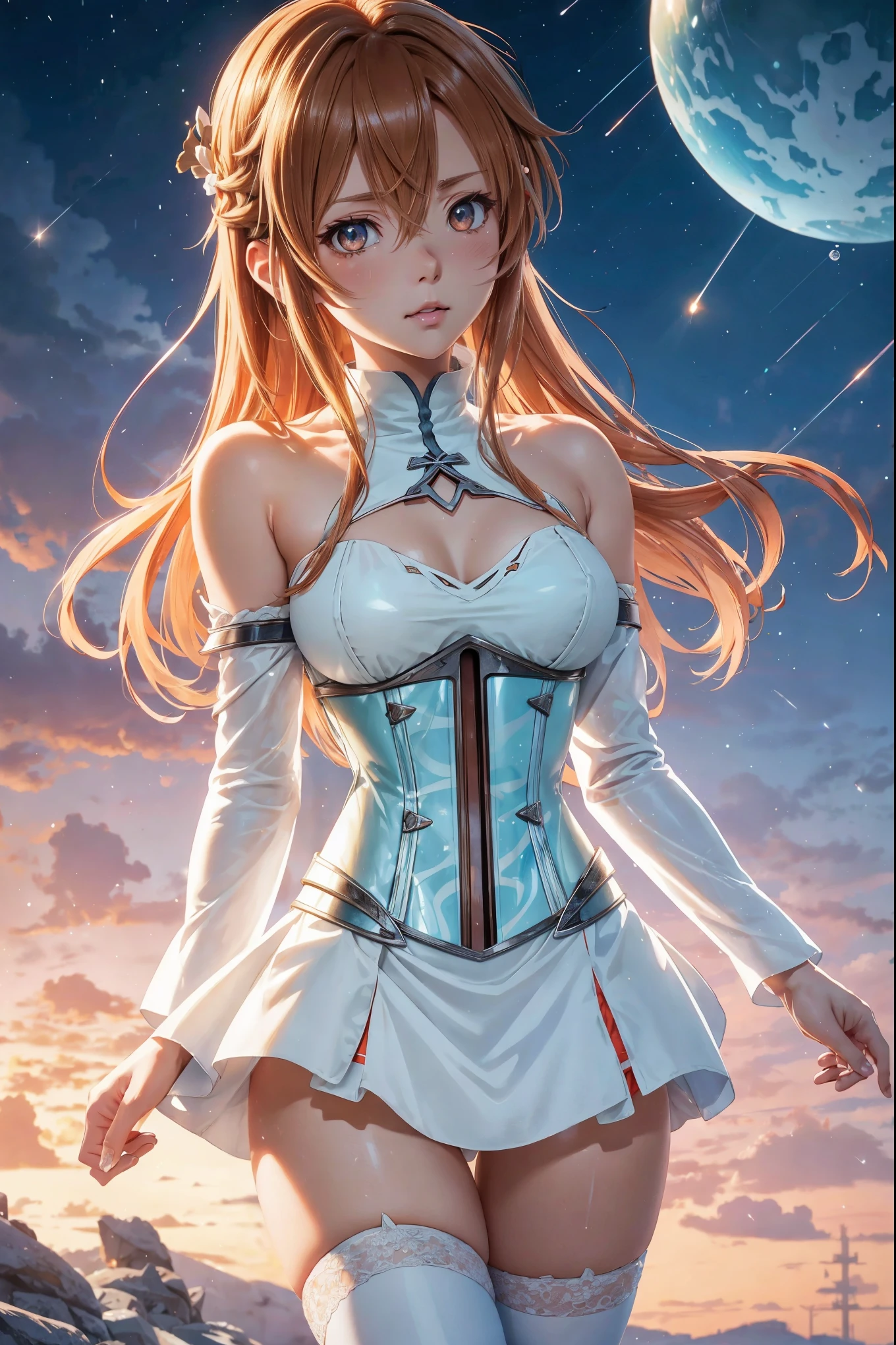 close up (((Asuna Yuukii))) from Sword Art Online anime, ethereal soft porcelain orange hair, amber eyes, corset, white tight clothing, thigh-highs, bubble butt, starlight, cotton candy, lolita fashion, thighs, artstation, trending, ultra HD, 4k, detailed anatomy, (shiny skin), ((oiled skin)), dramatic lighting, high contrast, kawaii, skin indentation, delicate, high quality unreal engine 5, pretty , ultra realistic style, detailed face, flower accessory, soft pastel background color, art by sakimichan, uncovered, Unreal Engine 5, Cinematic, Color Grading, portrait Photography, Ultra-Wide Angle, Depth of field, hyper-detailed, beautifully color-coded, insane details, intricate details, beautifully color graded
