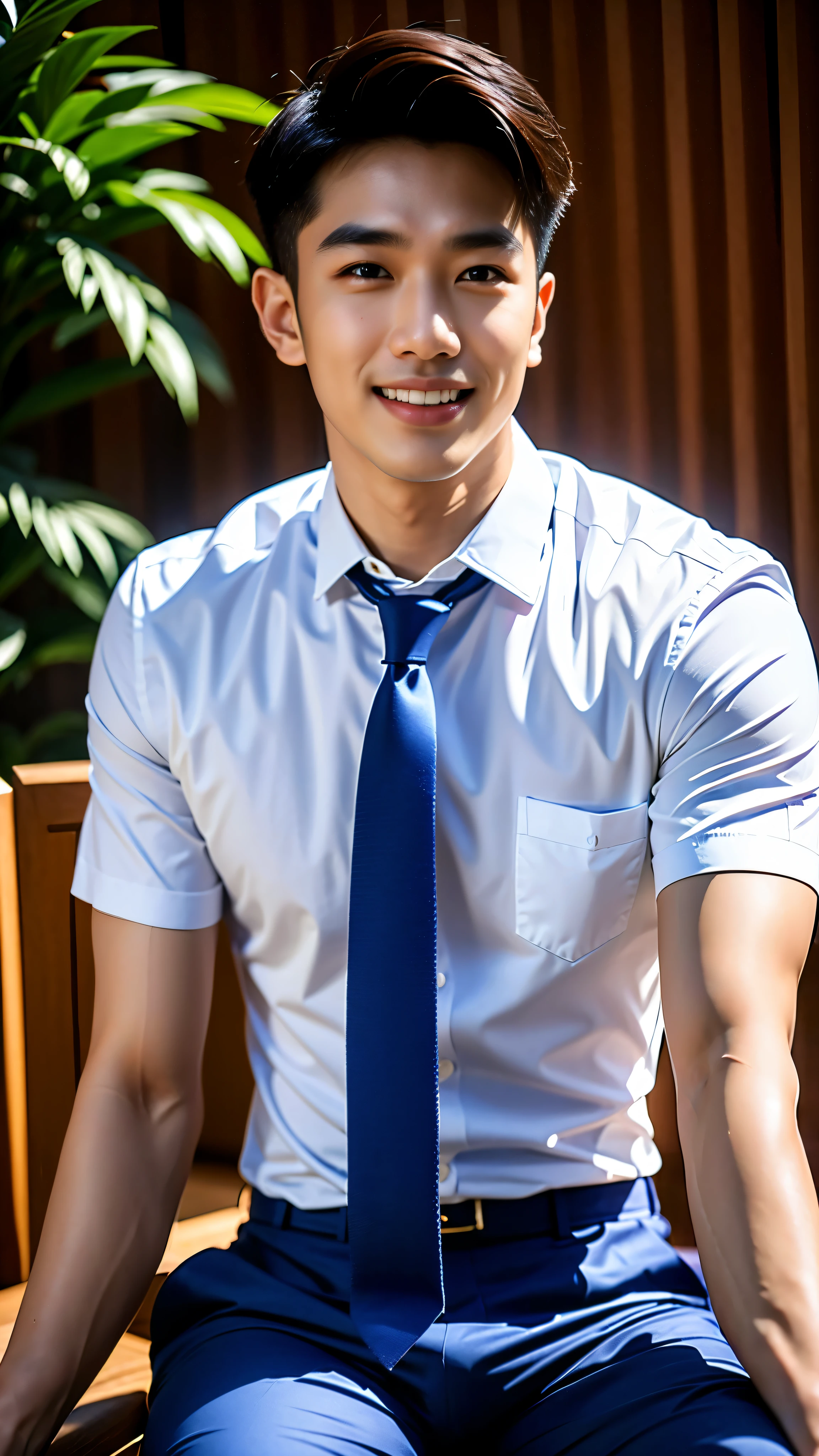 (Masterpiece: 1.2),(CGI art:1.3),(realistic:1.5),(post processing:1.3), (sharp focus:1.3), 1 man smiles showing teeth, (Wear a white shirt... Blue tie), short sleeve), Navy pants, Korean guy , korean men, (High gloss details), chest muscles, Big arm muscles, blood vessel, big muscles, Broad shoulders, looking at the audience, Balancing the eyes, sitting at table, sitting in a cafe alone