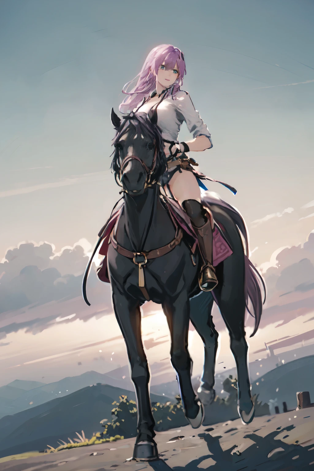 4k, masterpiece, solo, pink hair, green eyes, large breast, riding on a white horse, FULL BODY, female knight, (brown horse: 1.0, brown mane, bridle, saddle, stir ups, reins: 1.2), ((running)), (white armor, black miniskirt, black boots), grassland, fantasy settings, anatomically correct, anime style
