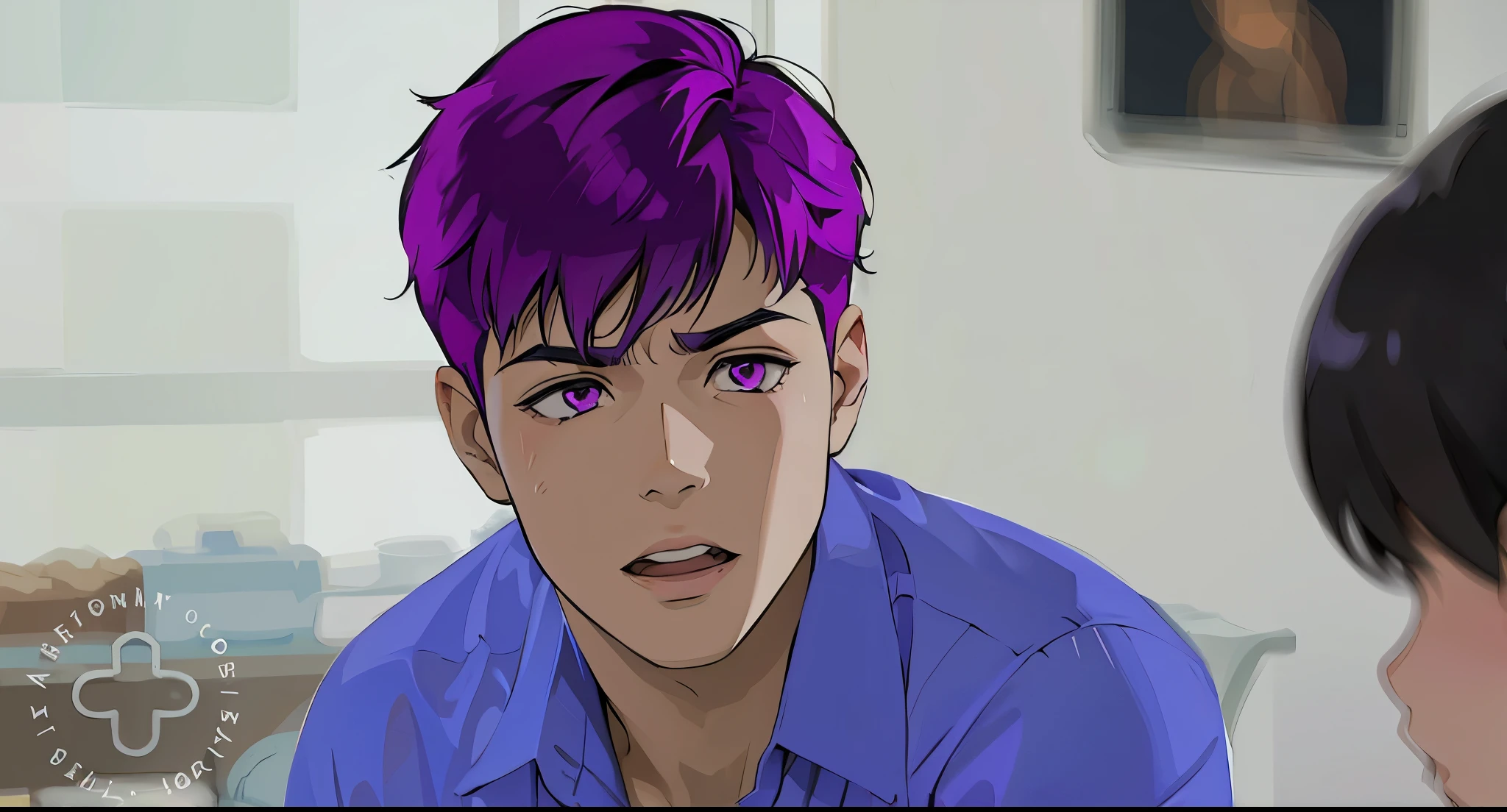 estilo anime, 2d toon style cute  boy worried purple hair purple eyes