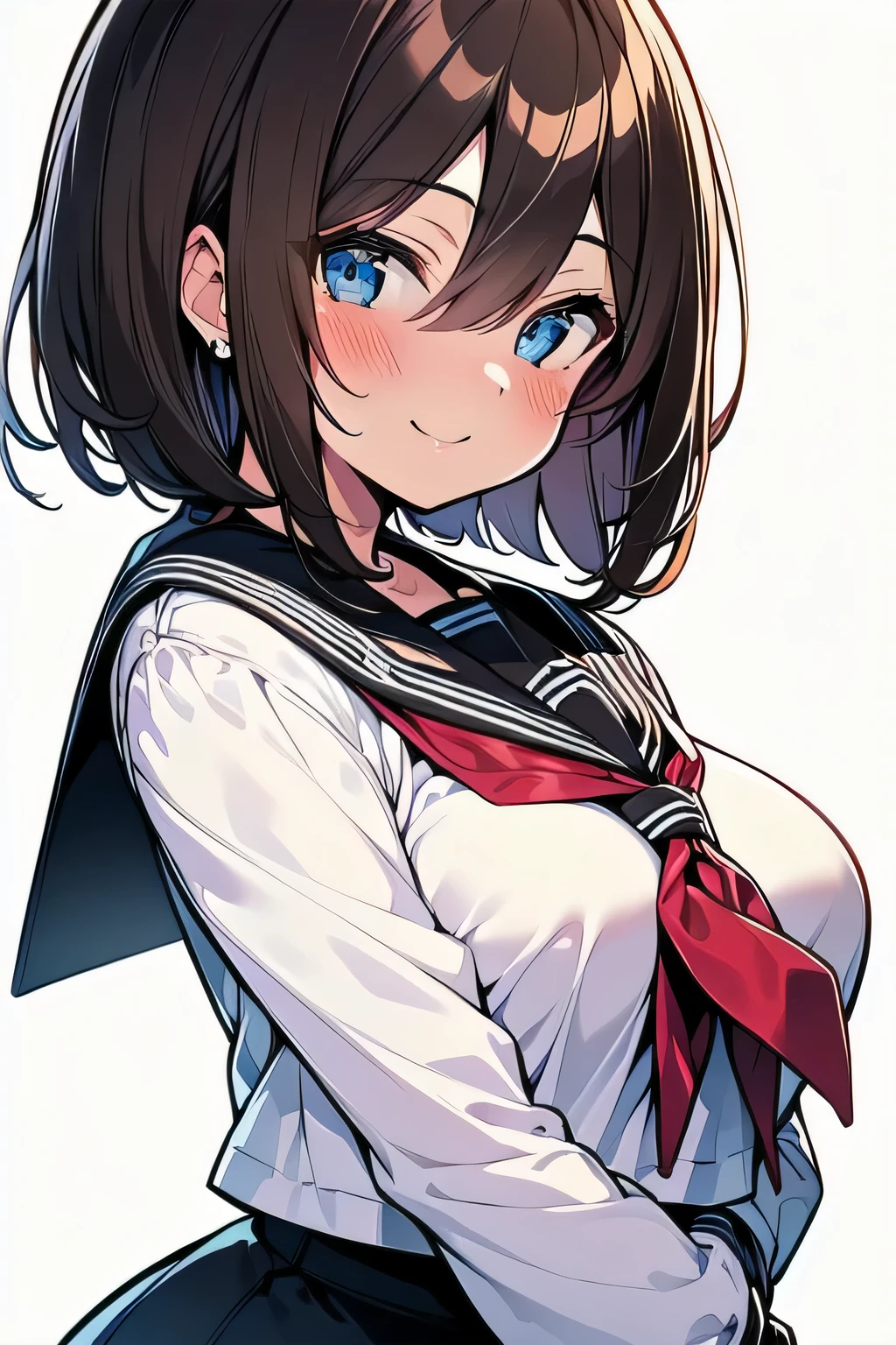 (best quality), (Super detailed), (Best Illustration), ((beautiful girl)), look at viewer, from front, upper body, ((long sleeve, white serafuku)), ((beautiful medium breasts)), curvy body, ((smile)), blush, brown hair, (bob cut), messy hair, curvy hair, hairs between eyes, blue eyes, white background