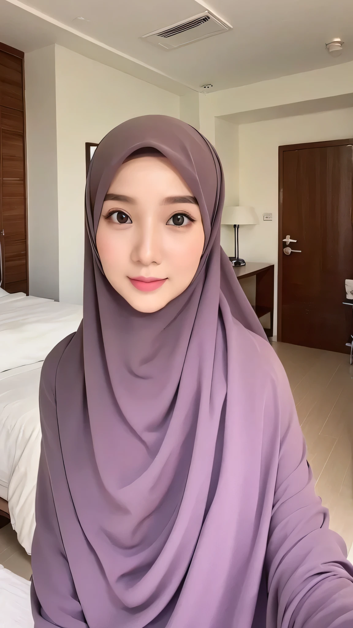 Beautuful Women、hijab, indonesian, a room、selfee、White Room、The face is cute、Vanrak Ayyans appears. beautiful、1 female