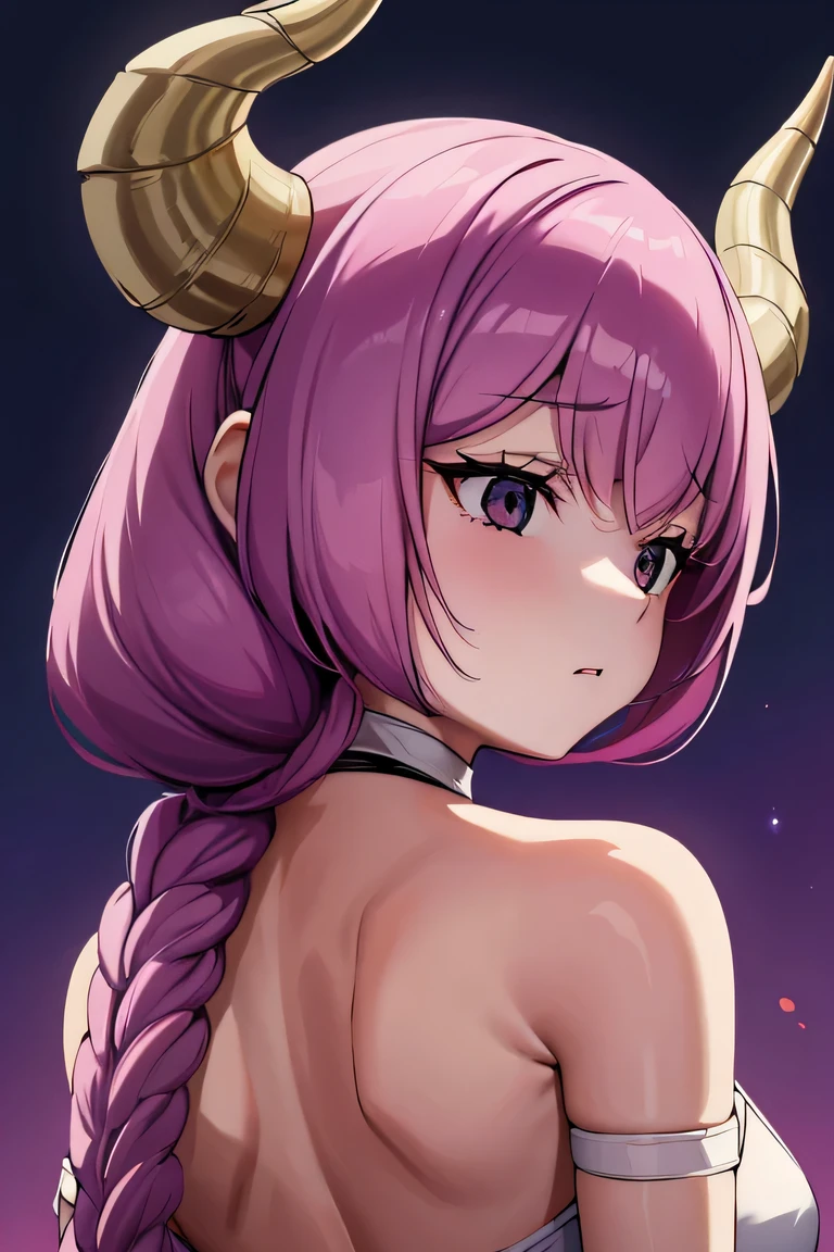 Masterpiece, Top Quality, High Resolution, Alone, Back turned (with "Popular" written on her back),1 demon girl (pink braided hair, 2 horns, cute jet-black eyes, surprised expression), Night sky on background ,(Medium Milk,:1.5)