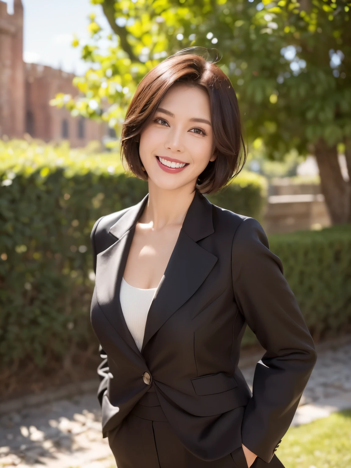 (38 years old), (black wool jacket),(white wool pants)、(white ruffle blouse), double eyelid, eyelash, Red lip gloss, (smile:1), ((close your eyes:0.85)), (looking at the viewer、Are standing), (From above:0.2)、尖ったred mouth、(reddish brown wet shiny short hair),red mouth,clavicle、 (Photoreal:1.3),(Raw photo),(woman standing in front of an old castle, Beautiful lawn, Squirting, Bright sunlight in the city of Modena, Italy) , 8K, Super detailed, highest quality, rough skin, anatomically correct, masterpiece , highest quality, cinematic lighting, Use perspective throughout , surrealism , ,(realistic:1. 3),(Raw photo) , black hair, light smile, short hair, bob cut, anaglyph, stereogram, (mature woman:1), (38 years old), ((close:0.5)), glare, double eyelids, lip gloss, (smile:1), ((close your eyes:0.85)), red mouth, clavicle, ((looking at the viewer)), (short hair of reddish-brown color wet and shiny,), (I can see the whole body) , Slightly thick body type , I opened my eyes wide. , perfectly round eyes , fine texture