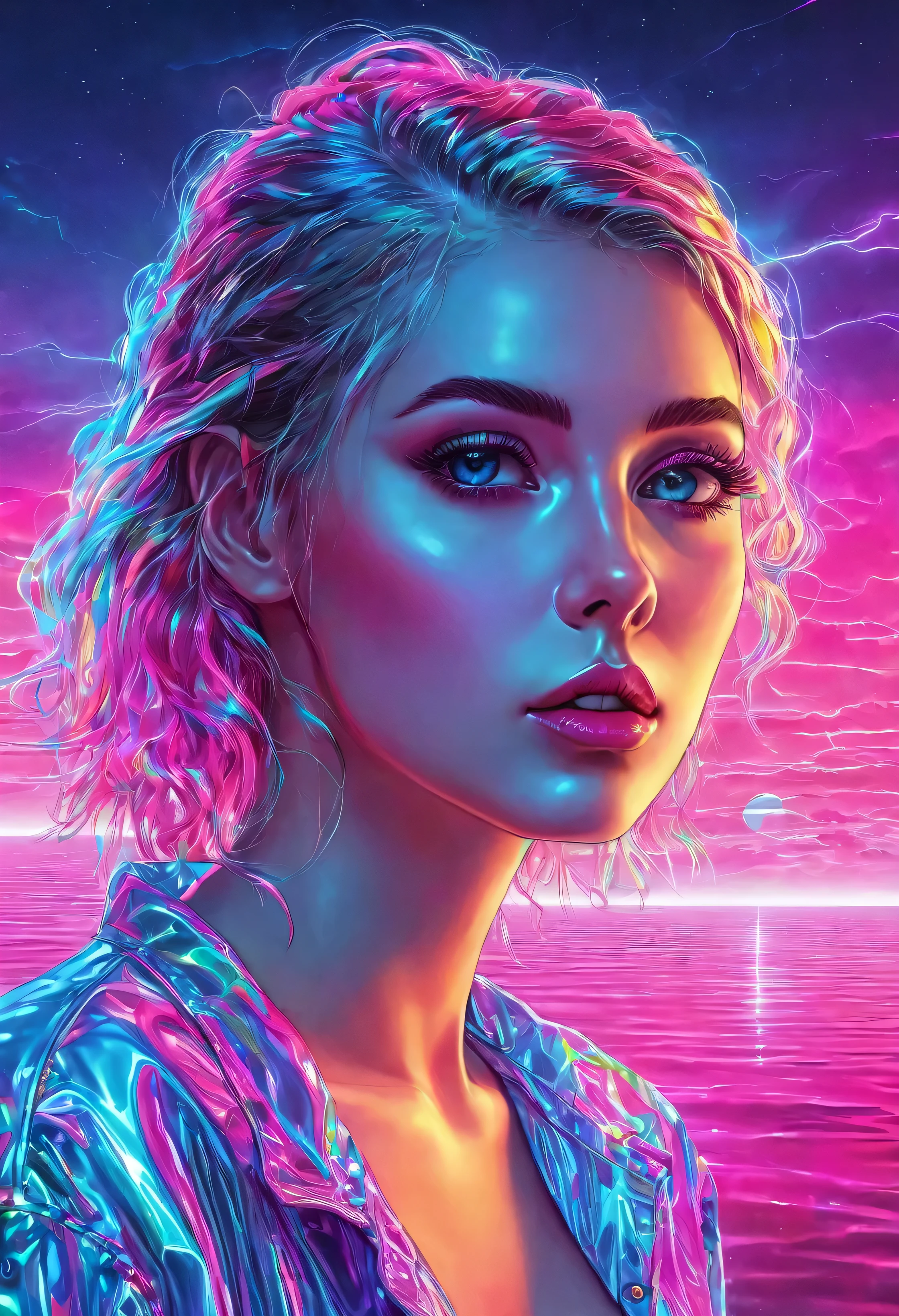 1girl, colorful theme, synthwave sky,(best quality, high quality, high resolution), realistic, ultra-detailed, highly detailed face features, absurdres, realistic lighting and reflections, highly detailed face features, see through shirt, best photo,high quality illustration