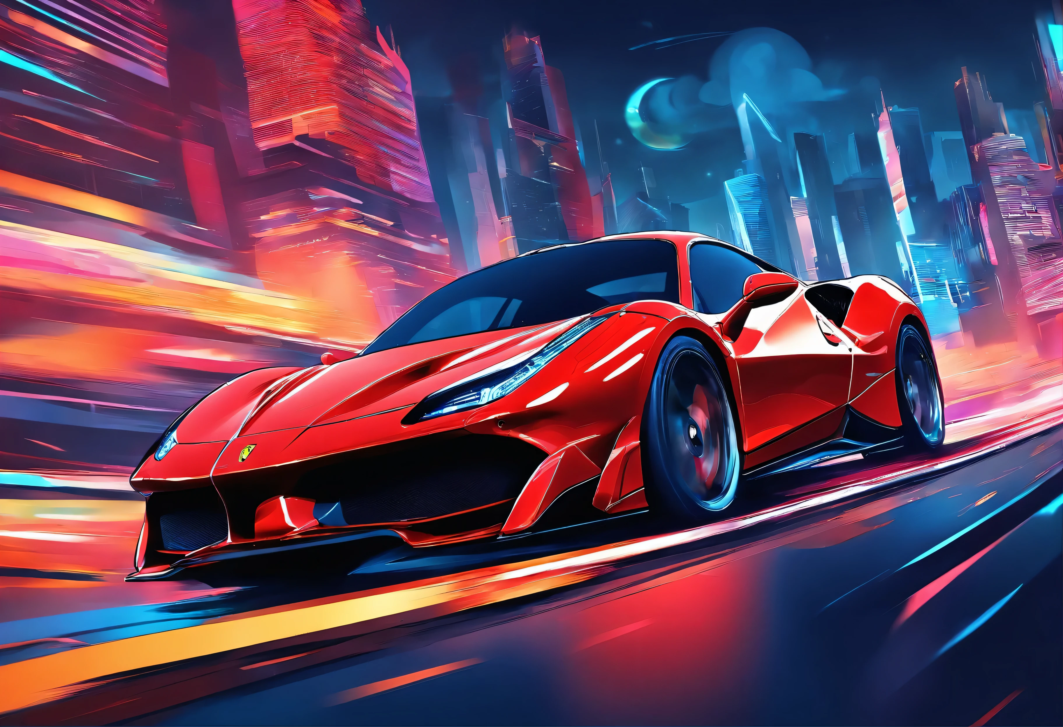 (Melhor qualidade, 8k, obra de arte :1.2), hiper-realista, Ciberpunk, em uma montanha, uma Ferrari 488 vermelha detalhada, Acelerando na rodovia, (facing the public), The blue skyscraper in the background, At night,