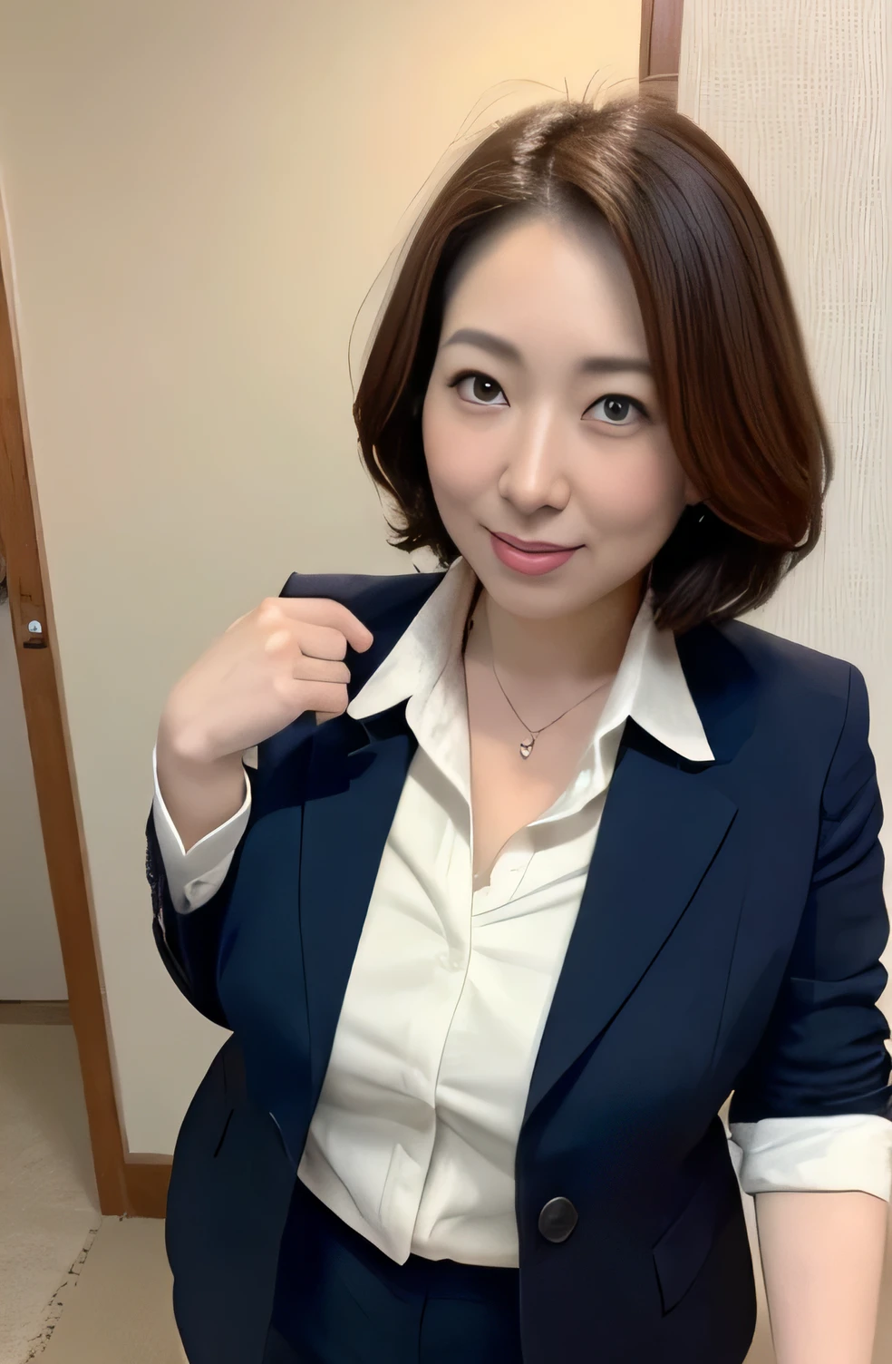 40 years old、Japanese female one person、sex appeal, sexy,fine skin、star piece、Beautiful breasts high quality、perfect sentence、super beautiful、high resolution of face、Make-up is light、Beautiful butt high quality、Shining beautiful skin、Shining beautiful skin step piece、Transparent beauty、goddess of eros、realistic、look at the camera、Whitening skin、mastar piece、short hair、school teacher、plump body shape、pants style、Disheveled suit、Please take off your jacket and put on your blouse.、big breasts、big ass、underwear
