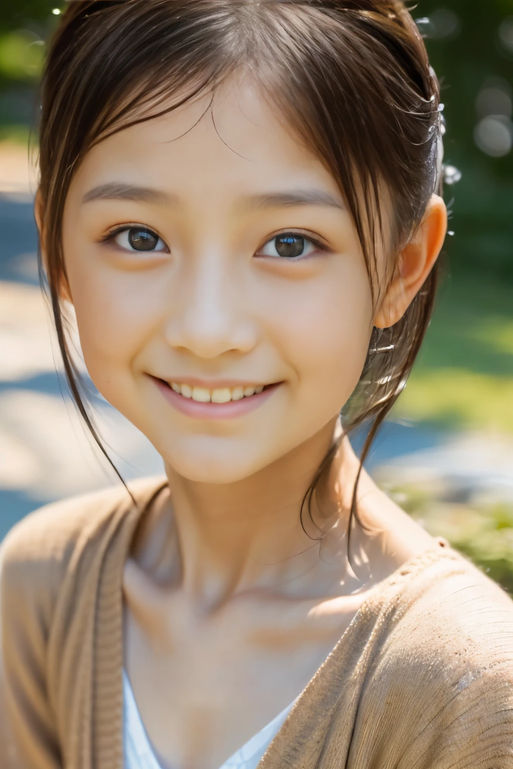 (highest quality, masterpiece), (beautiful 12 year old japanese girl), (freckles:0.6), soft light, ponytail, brown eyes, Focus on your eyes, detailed face