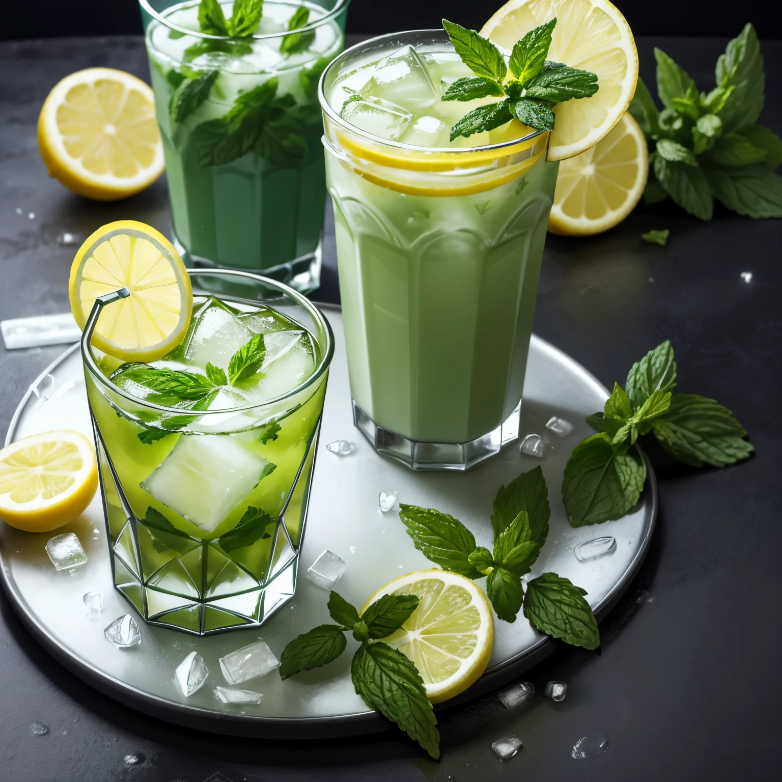 Iced lemon-mint juice with some mint, lemon, and ice cubes next to it. It is dark green in color