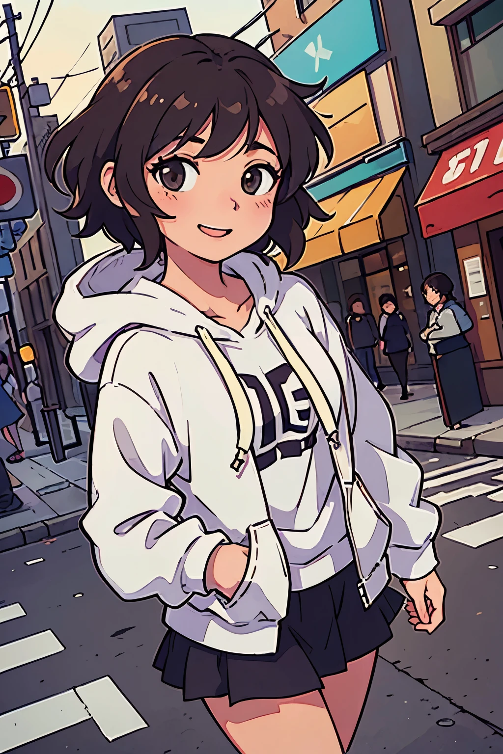(highest quality:0.8) perfect anime illustration, cute, Happy woman with short brown curly hair on the city street, wearing a hoodie, skirt